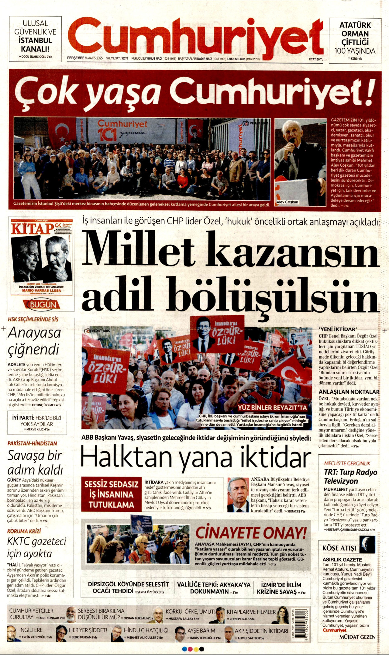 CUMHURİYET gazetesinin 8 Mayıs 2025 tarihli birinci sayfası