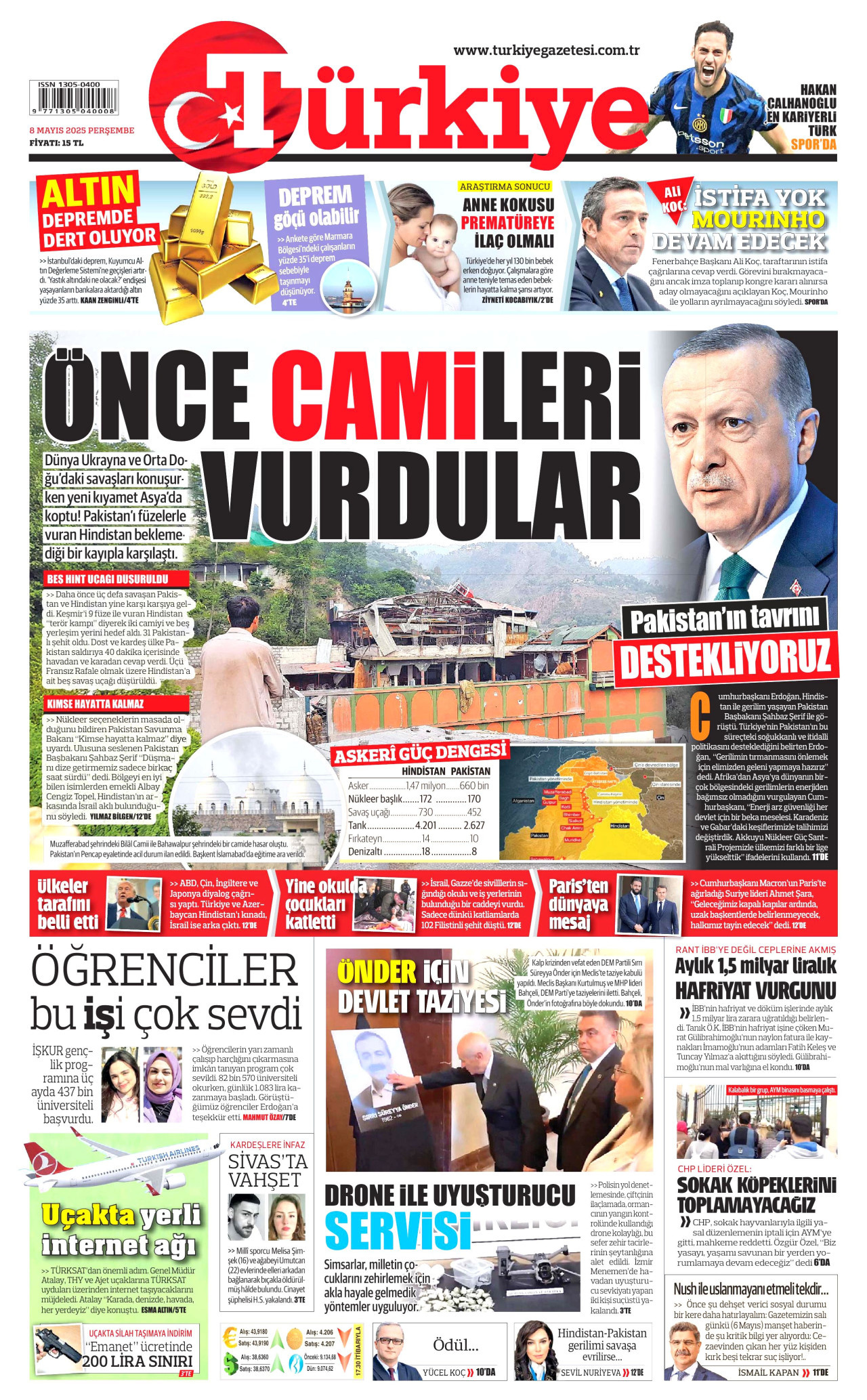 TÜRKİYE GAZETESİ gazetesinin 8 Mayıs 2025 tarihli birinci sayfası