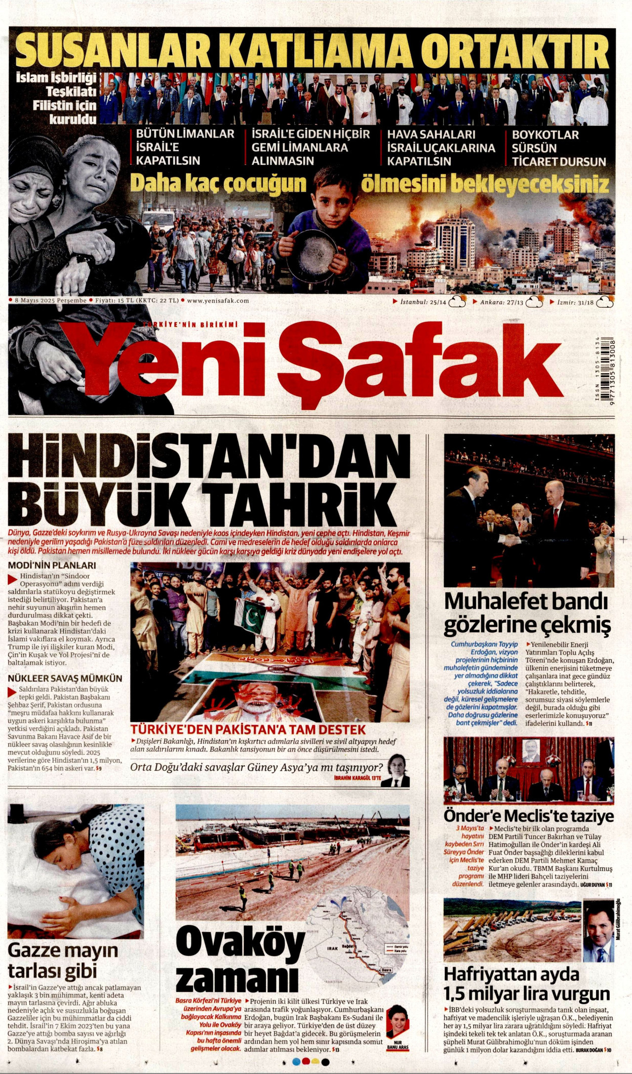 YENİ ŞAFAK gazetesinin 8 Mayıs 2025 tarihli birinci sayfası