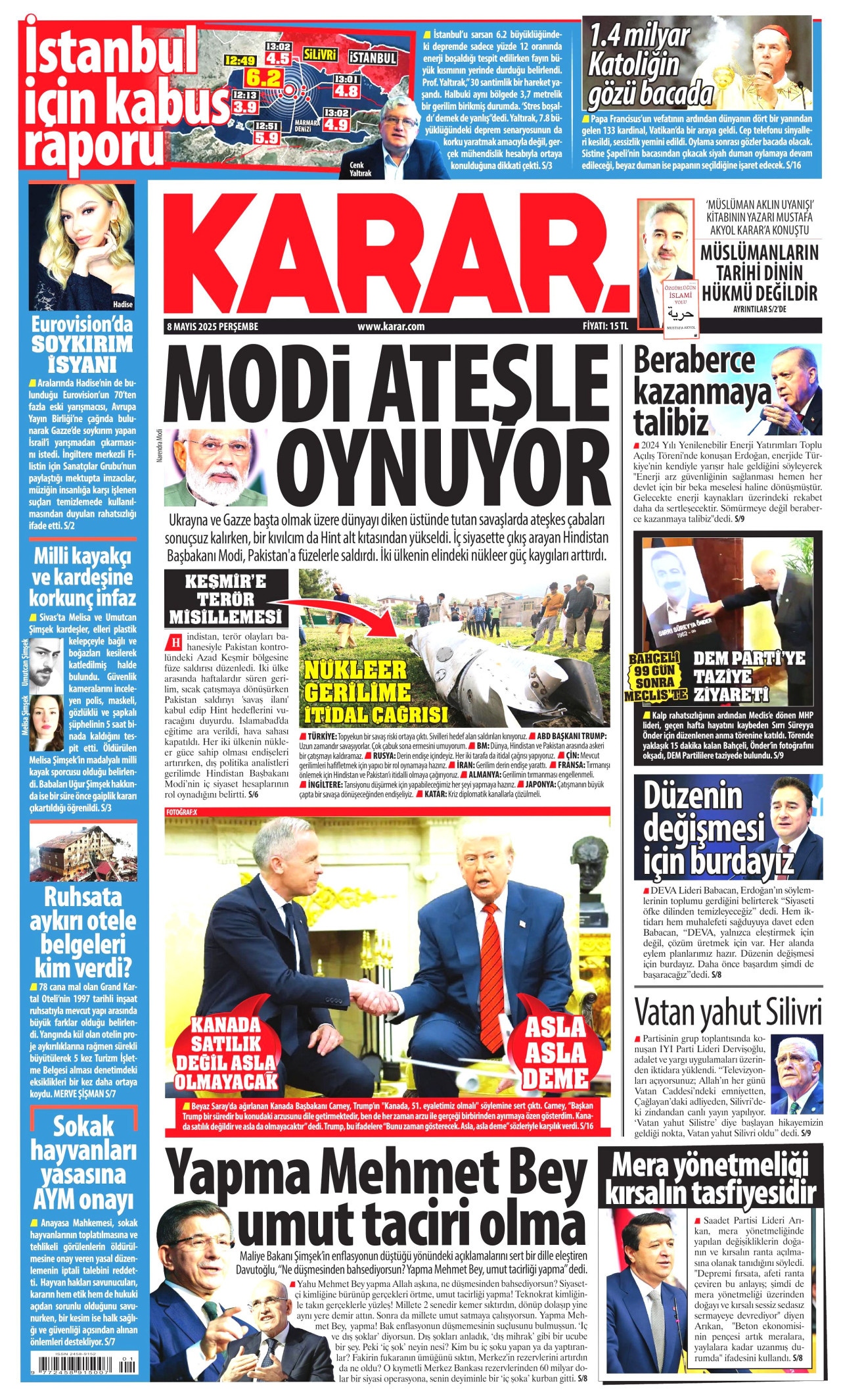 KARAR gazetesinin 8 Mayıs 2025 tarihli birinci sayfası