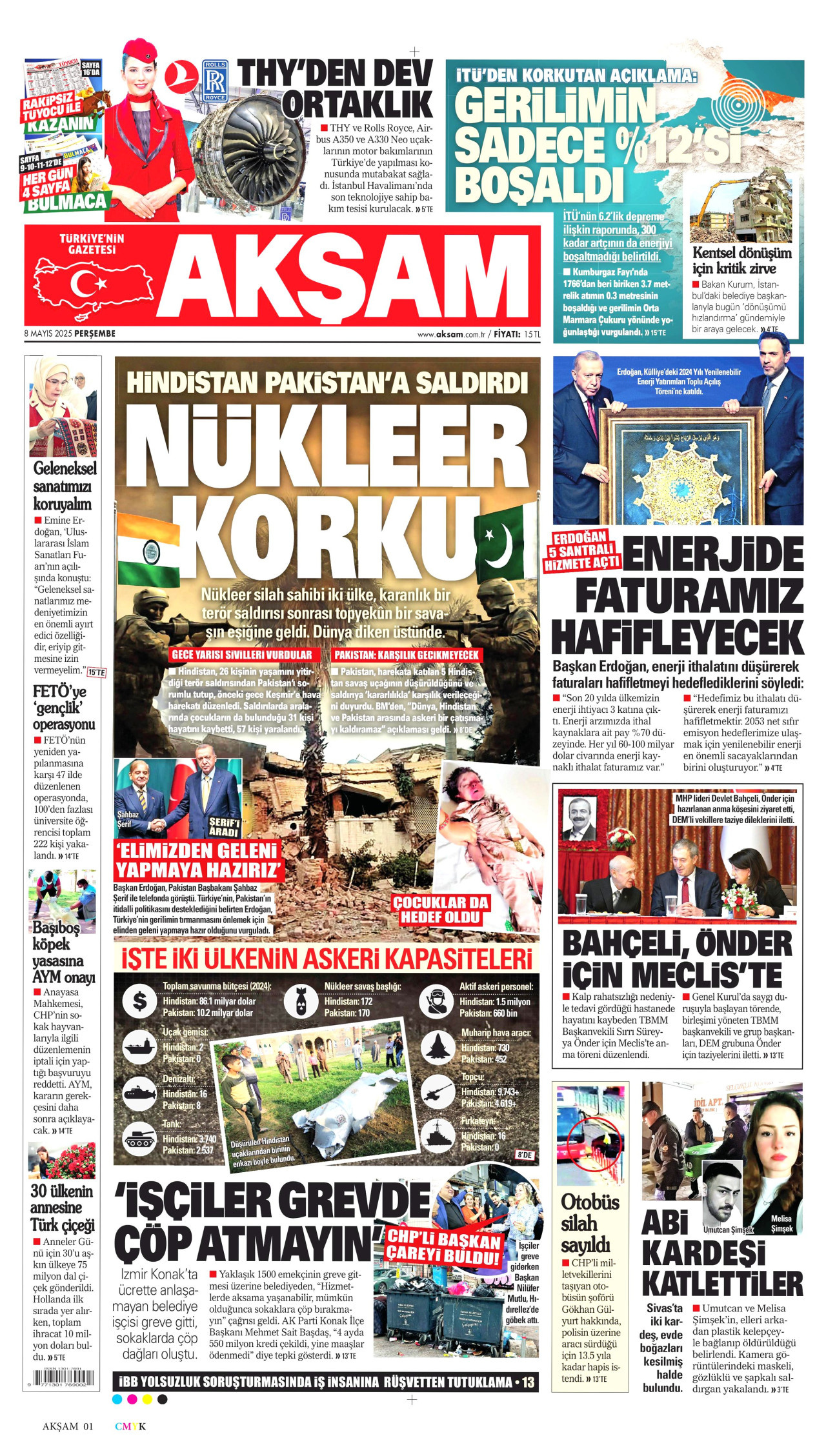 AKŞAM gazetesinin 8 Mayıs 2025 tarihli birinci sayfası