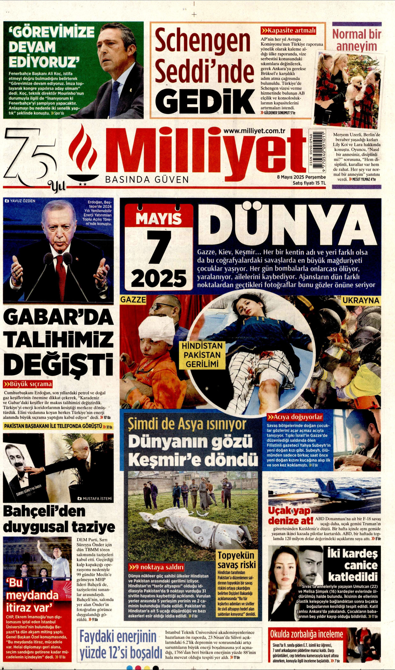 MİLLİYET gazetesinin 8 Mayıs 2025 tarihli birinci sayfası