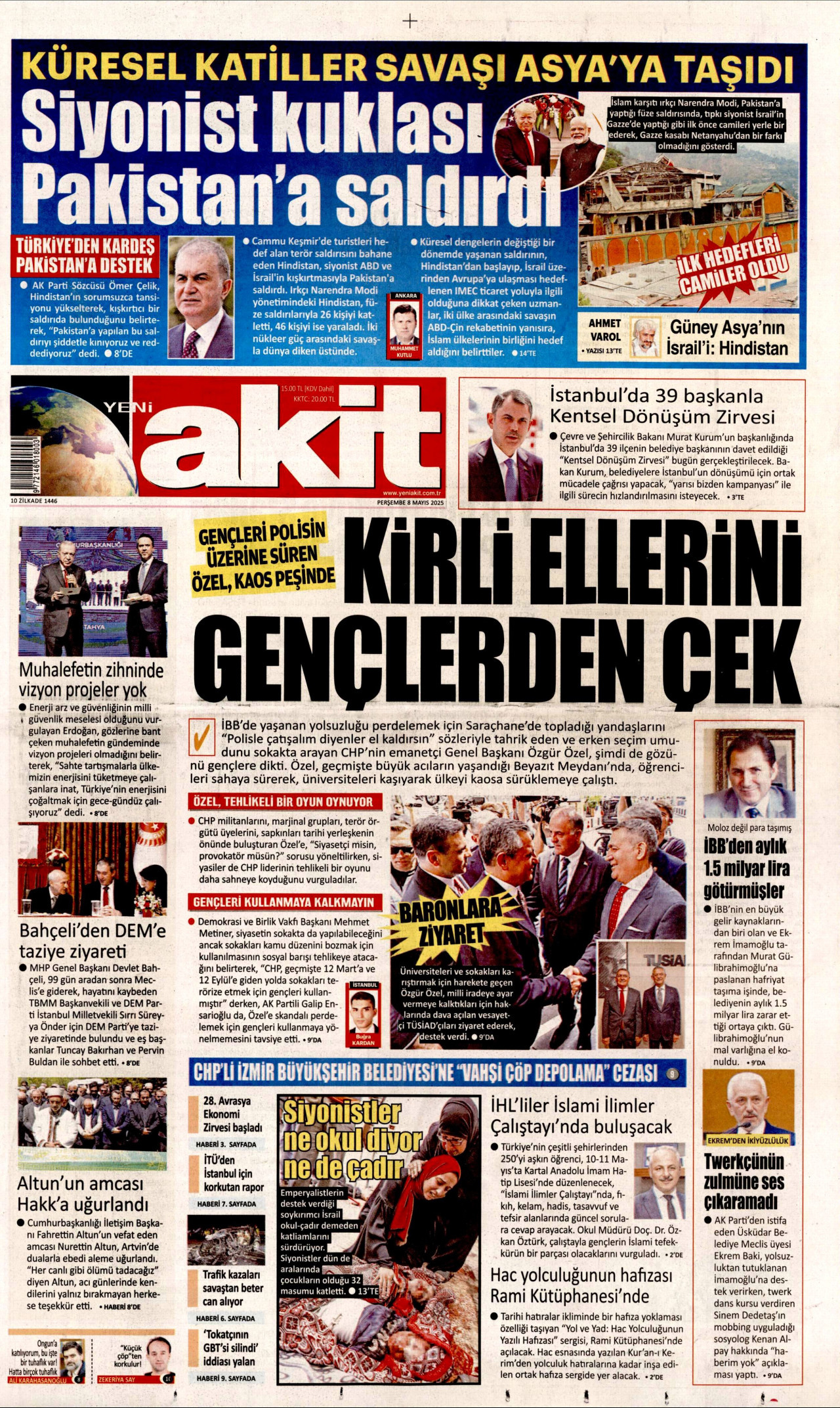 YENİ AKİT gazetesinin 8 Mayıs 2025 tarihli birinci sayfası