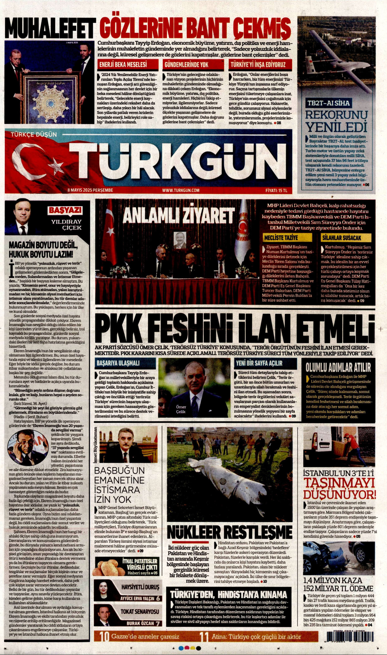 TÜRKGÜN gazetesinin 8 Mayıs 2025 tarihli birinci sayfası