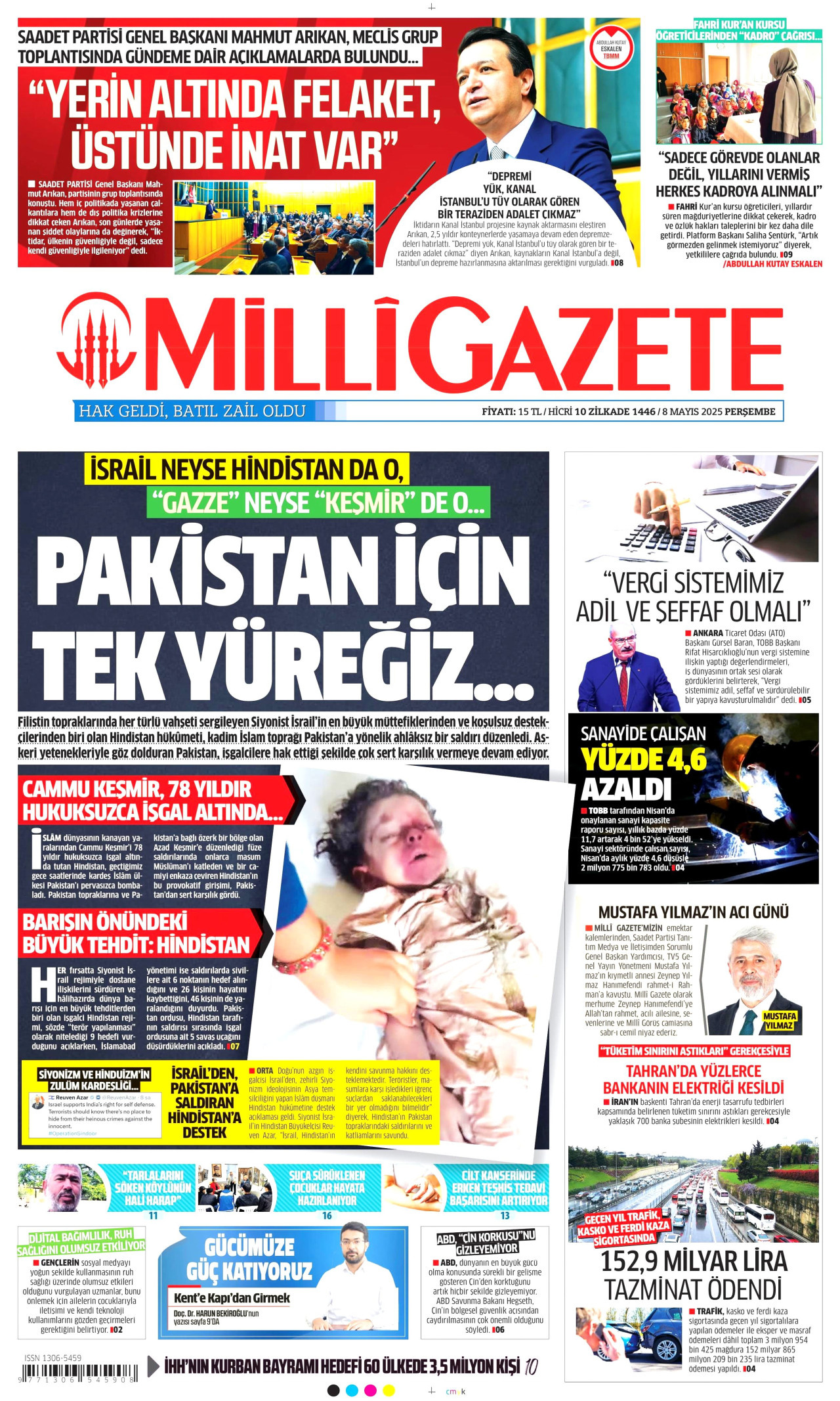 MİLLİ GAZETE gazetesinin 8 Mayıs 2025 tarihli birinci sayfası