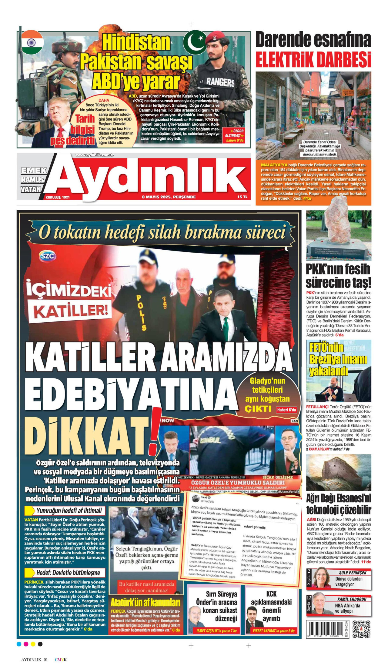 AYDINLIK GAZETESİ gazetesinin 8 Mayıs 2025 tarihli birinci sayfası