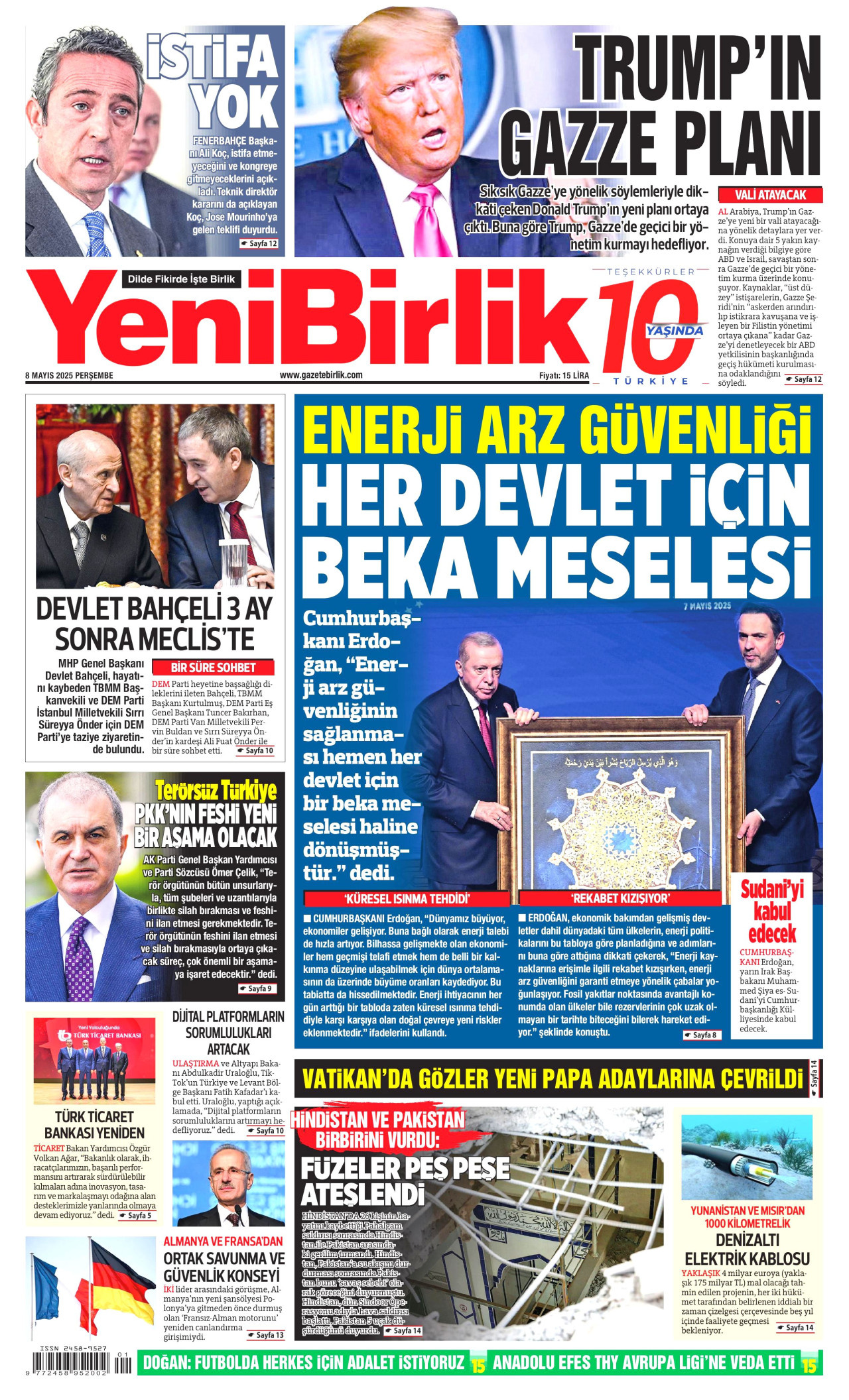 YENİBİRLİK gazetesinin 8 Mayıs 2025 tarihli birinci sayfası