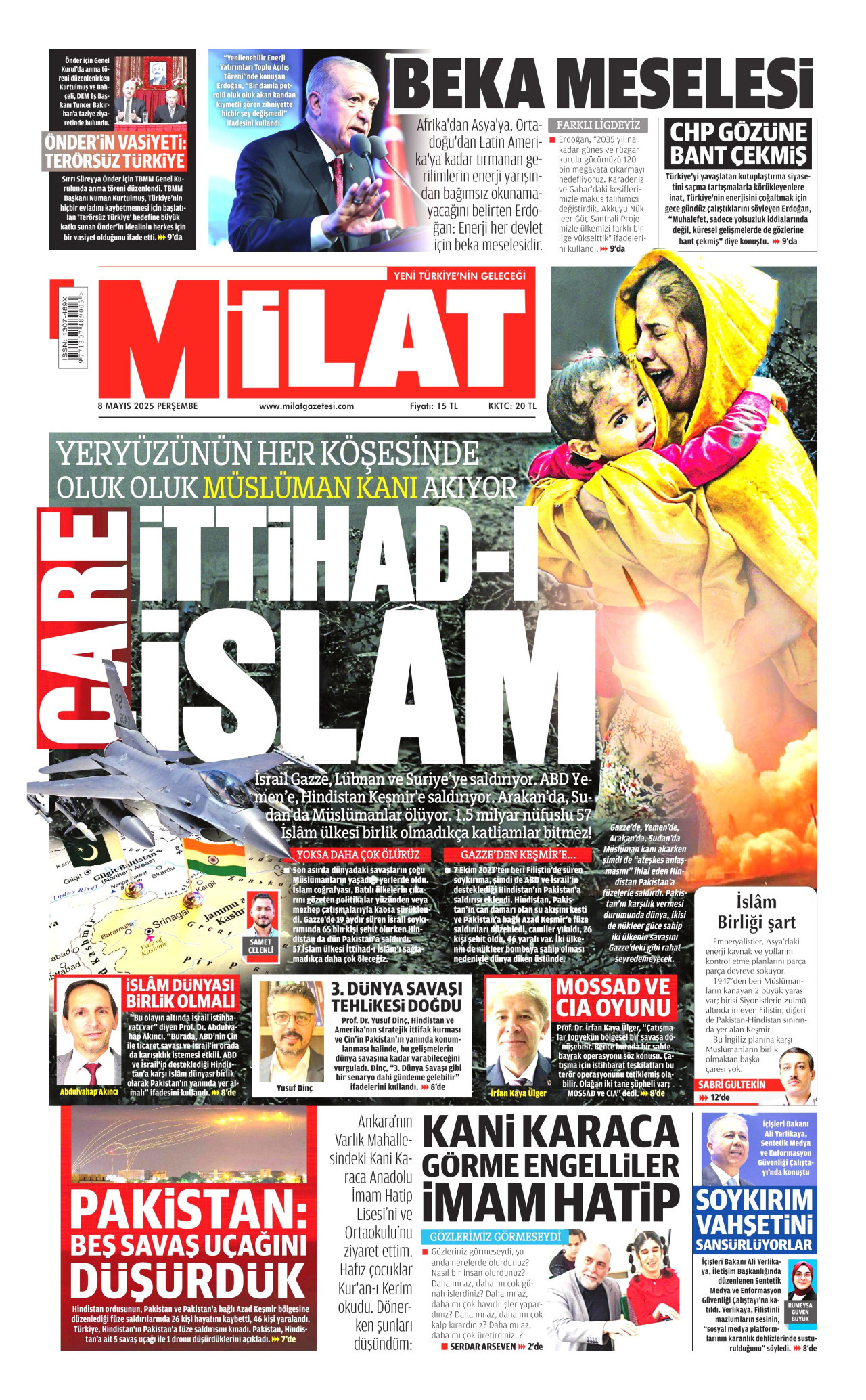MİLAT gazetesinin 8 Mayıs 2025 tarihli birinci sayfası