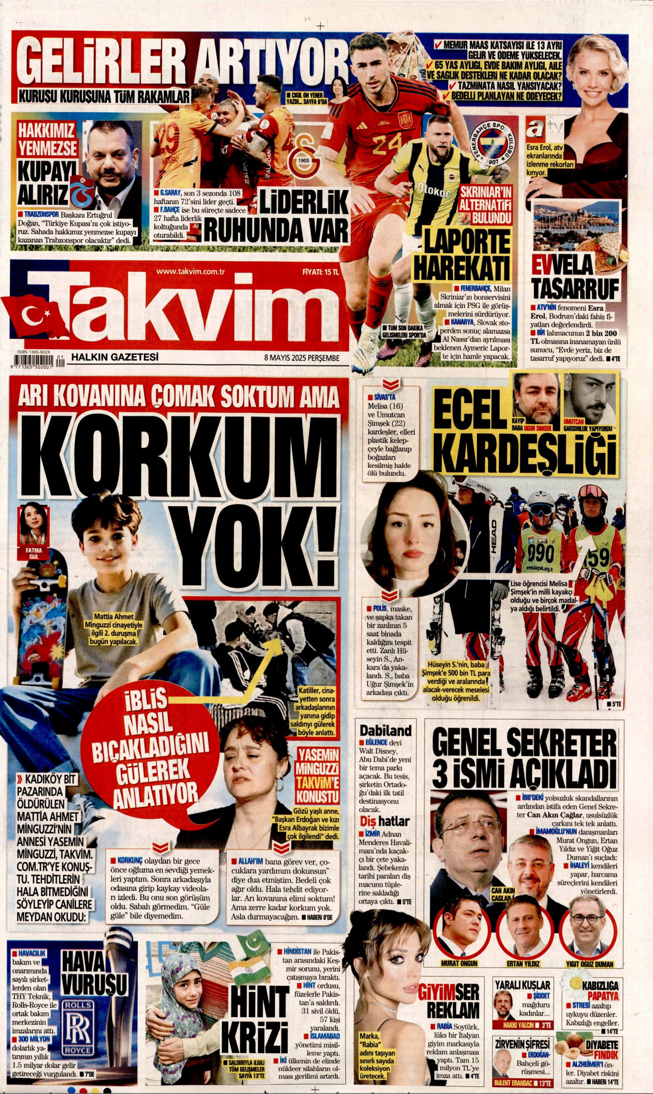 TAKVİM gazetesinin 8 Mayıs 2025 tarihli birinci sayfası