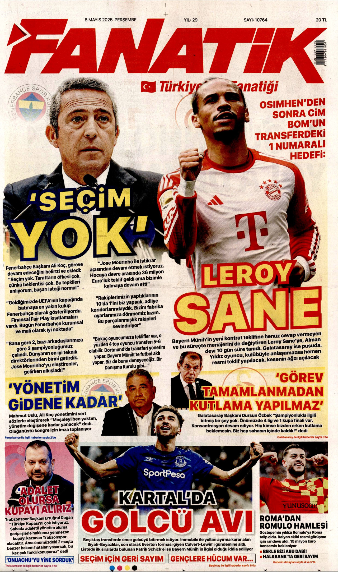 FANATİK gazetesinin 8 Mayıs 2025 tarihli birinci sayfası