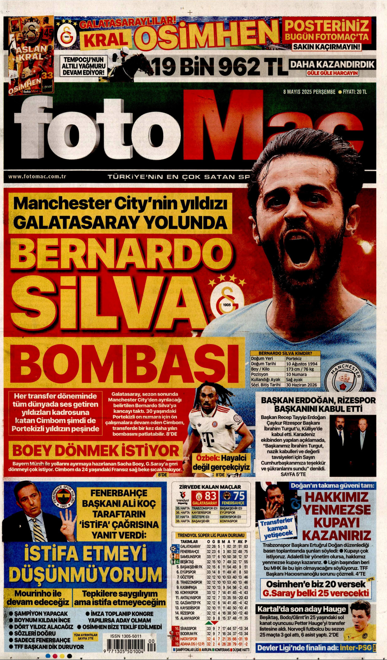FOTOMAÇ gazetesinin 8 Mayıs 2025 tarihli birinci sayfası