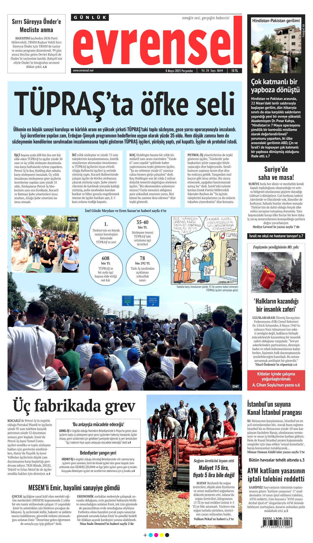 EVRENSEL gazetesinin 8 Mayıs 2025 tarihli birinci sayfası