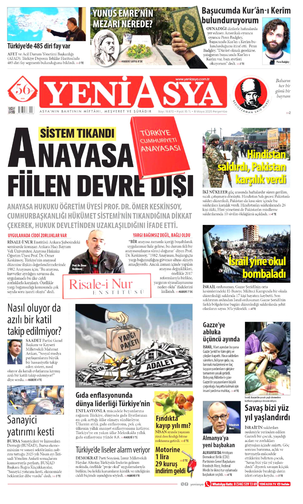 YENİ ASYA gazetesinin 8 Mayıs 2025 tarihli birinci sayfası
