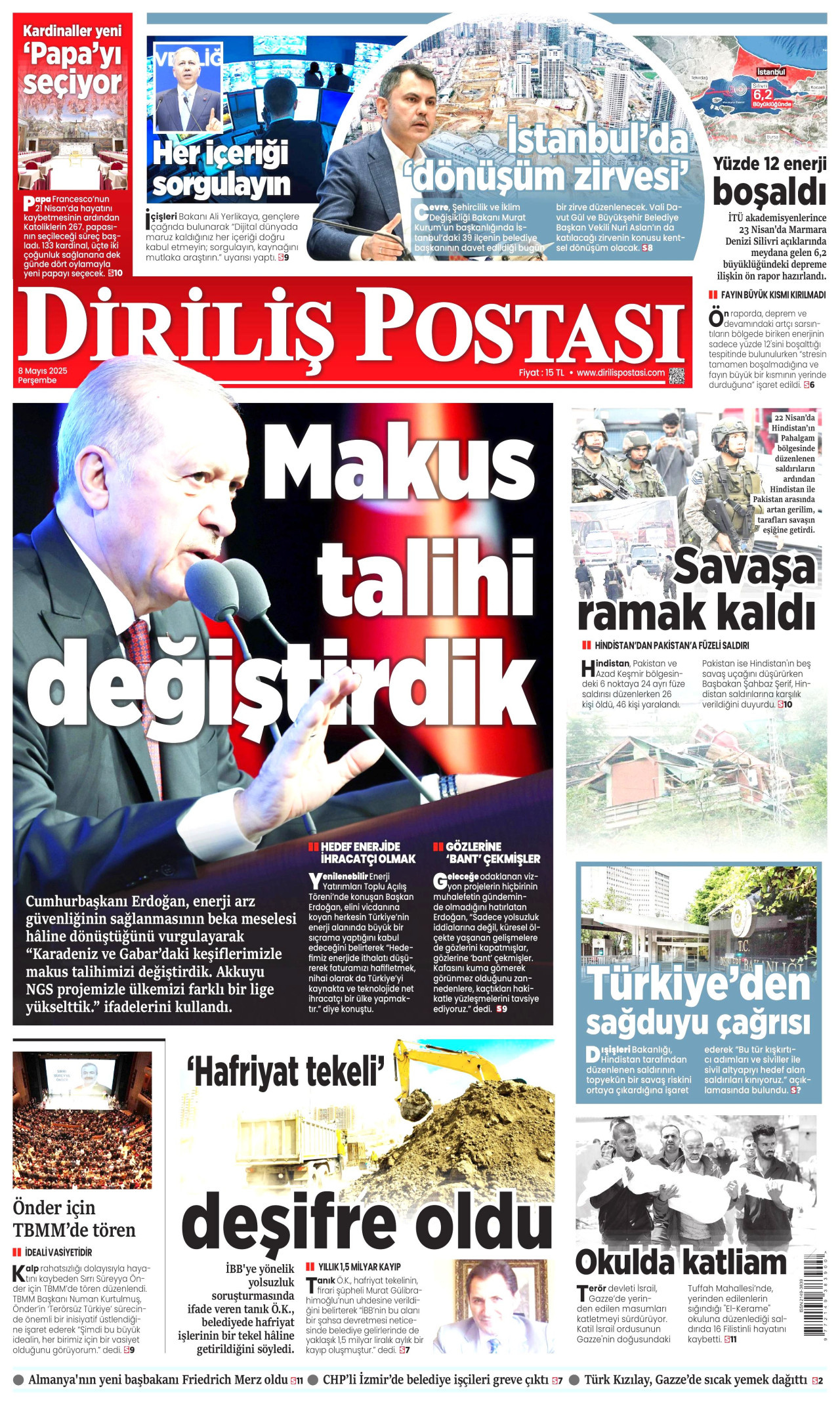 DİRİLİŞ POSTASI gazetesinin 8 Mayıs 2025 tarihli birinci sayfası