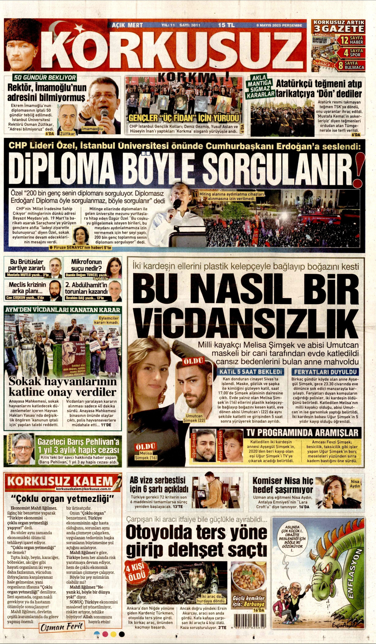 KORKUSUZ gazetesinin 8 Mayıs 2025 tarihli birinci sayfası