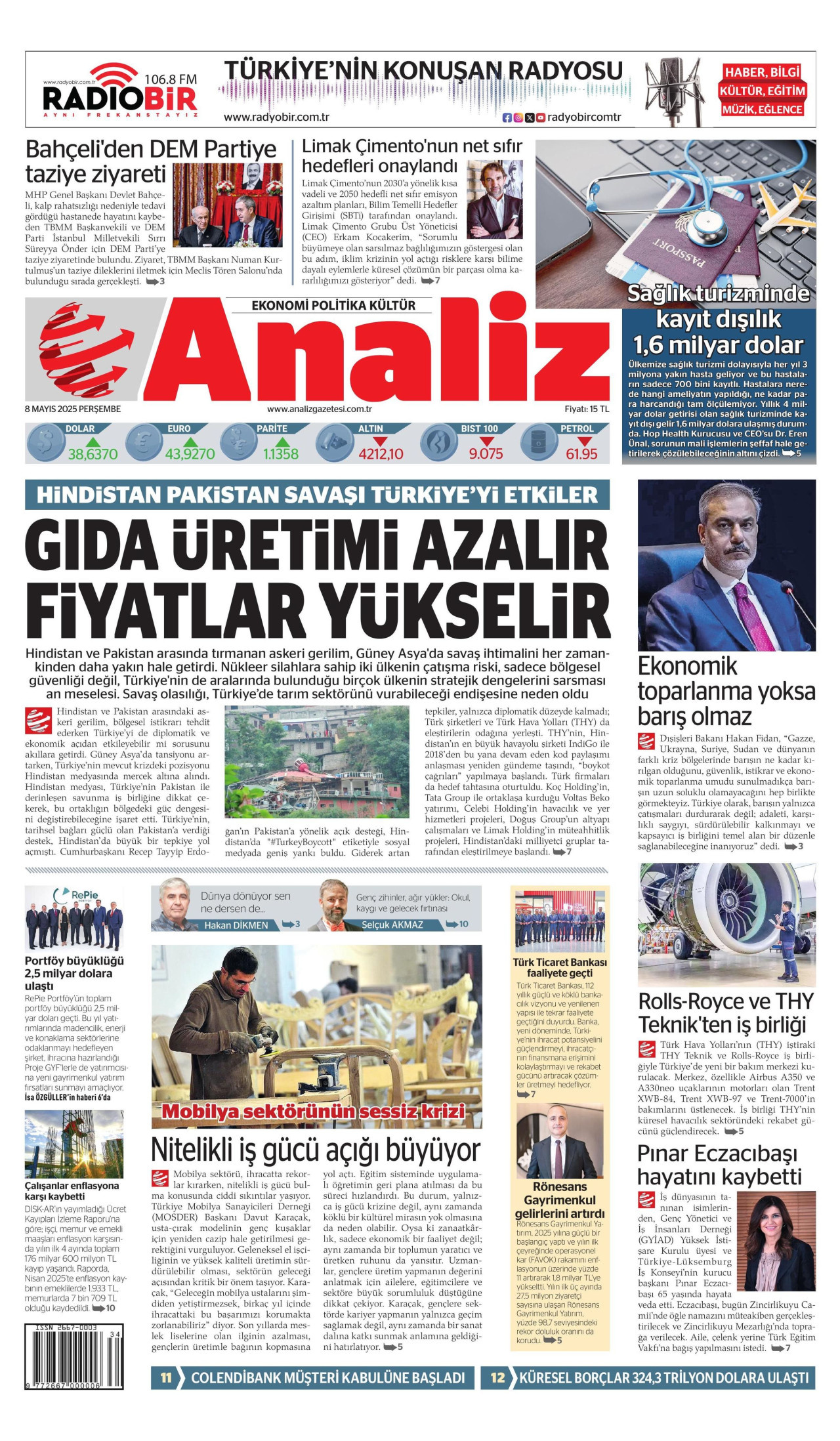 ANALİZ gazetesinin 8 Mayıs 2025 tarihli birinci sayfası