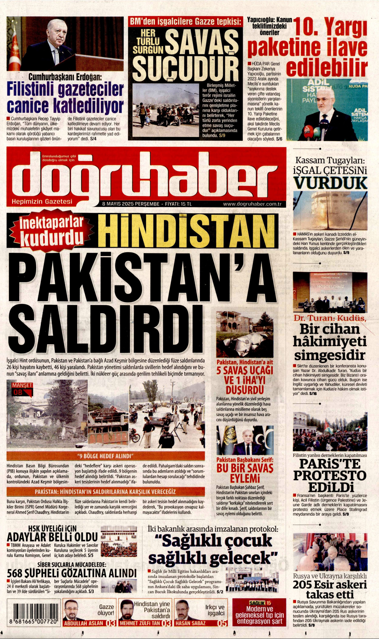 DOĞRU HABER gazetesinin 8 Mayıs 2025 tarihli birinci sayfası