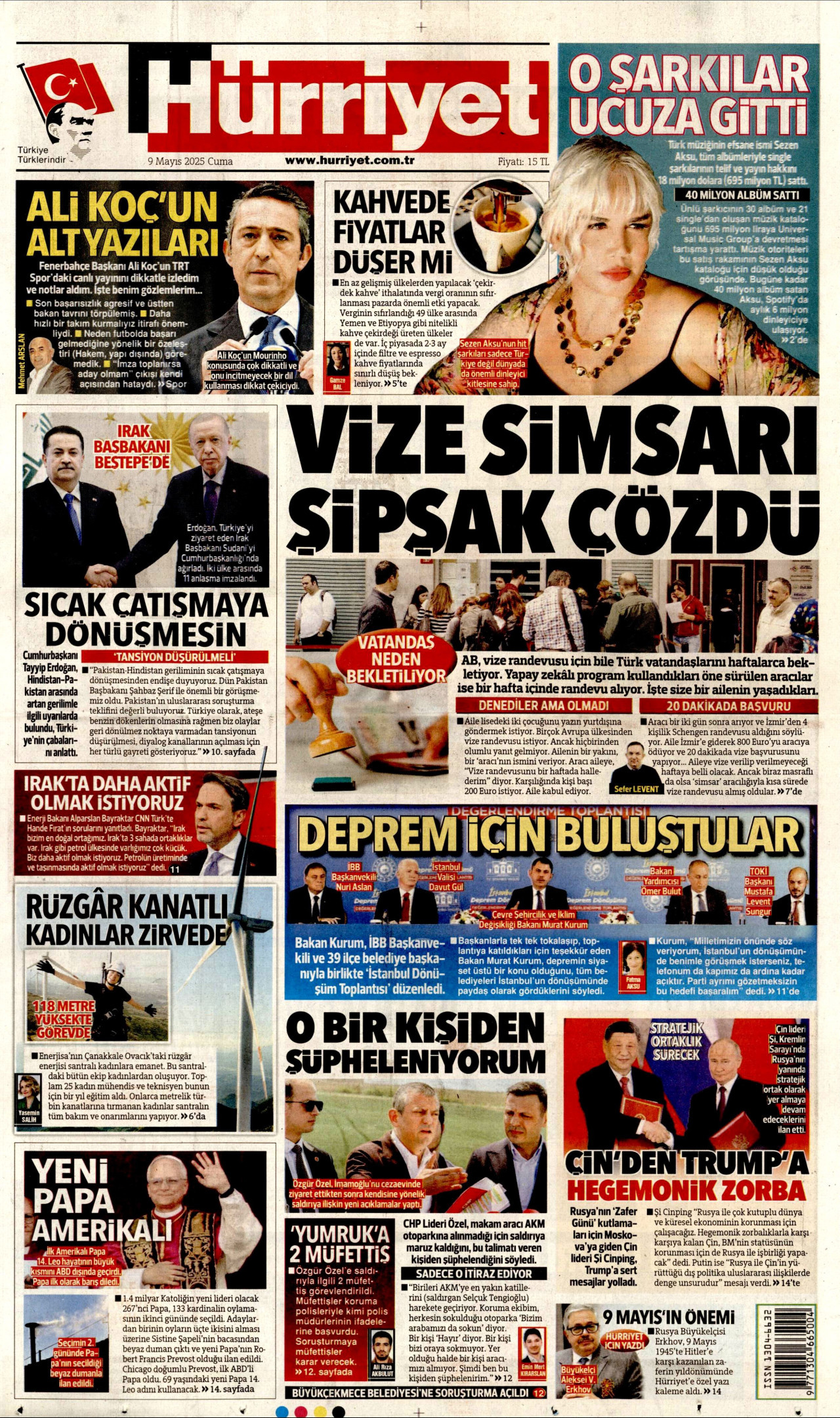 HÜRRİYET gazetesinin 9 Mayıs 2025 tarihli birinci sayfası