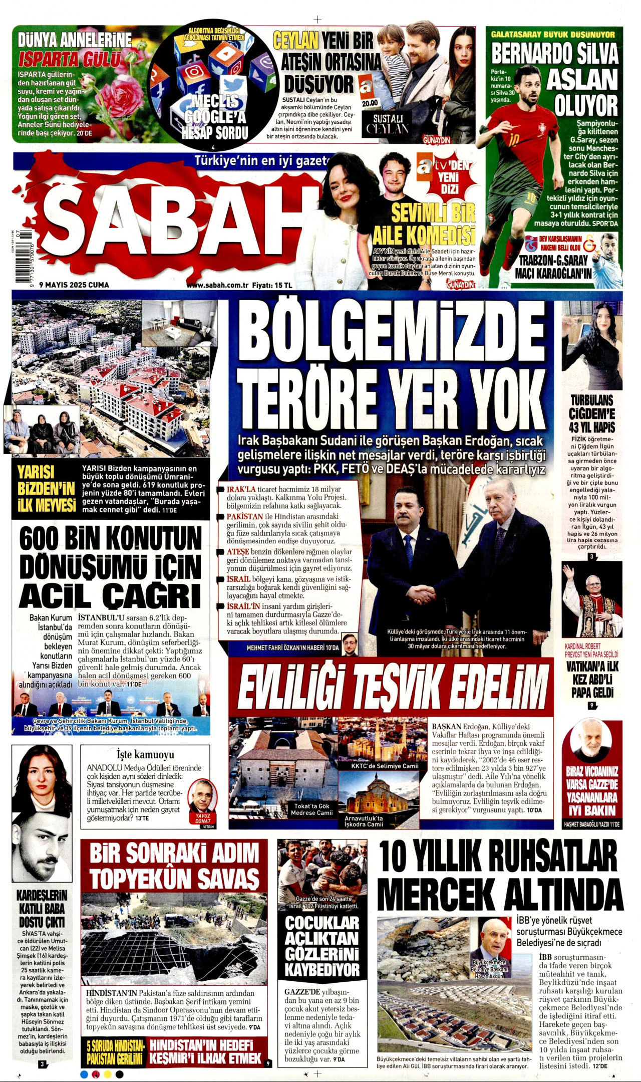 SABAH gazetesinin 9 Mayıs 2025 tarihli birinci sayfası