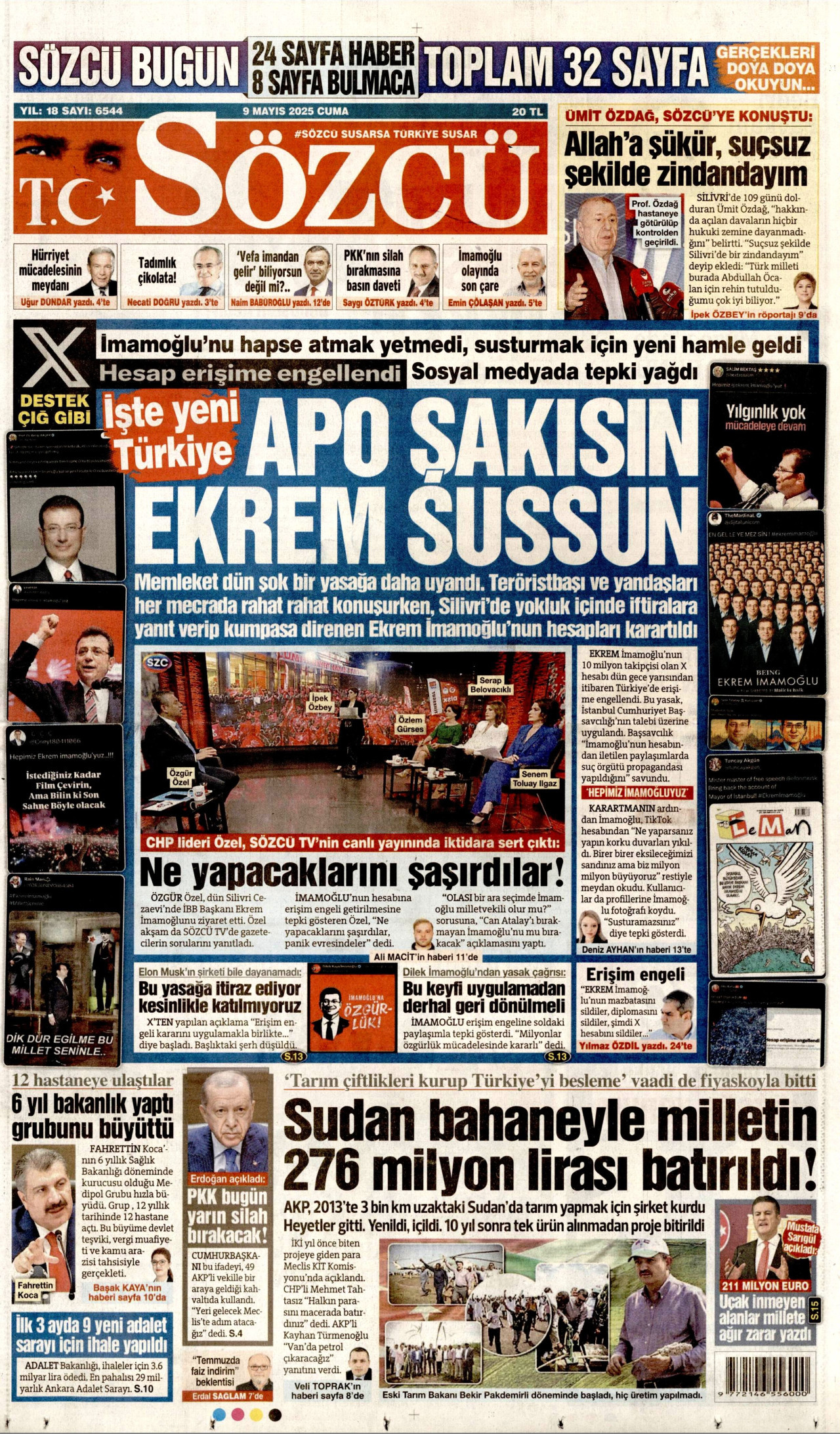 SÖZCÜ gazetesinin 9 Mayıs 2025 tarihli birinci sayfası