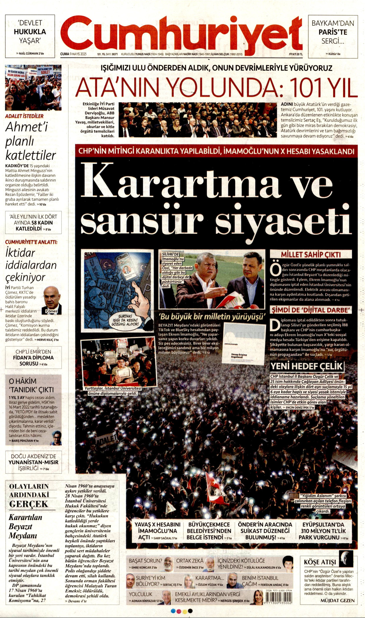 CUMHURİYET gazetesinin 9 Mayıs 2025 tarihli birinci sayfası