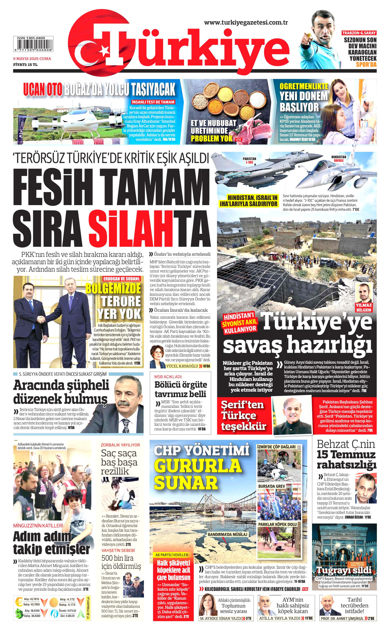 TÜRKİYE GAZETESİ gazetesinin 9 Mayıs 2025 tarihli birinci sayfası