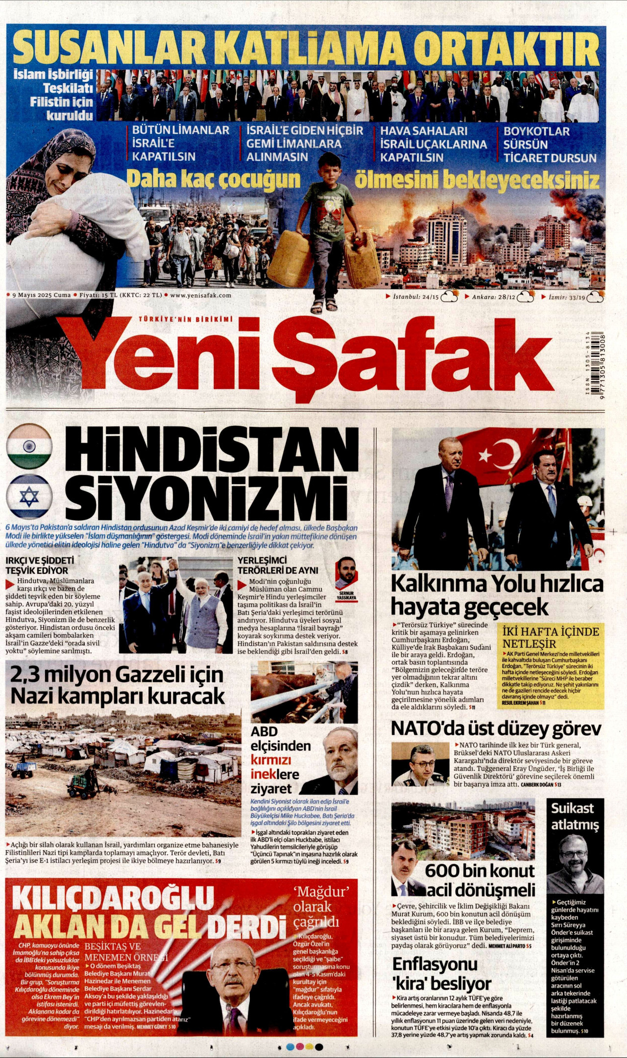 YENİ ŞAFAK gazetesinin 9 Mayıs 2025 tarihli birinci sayfası