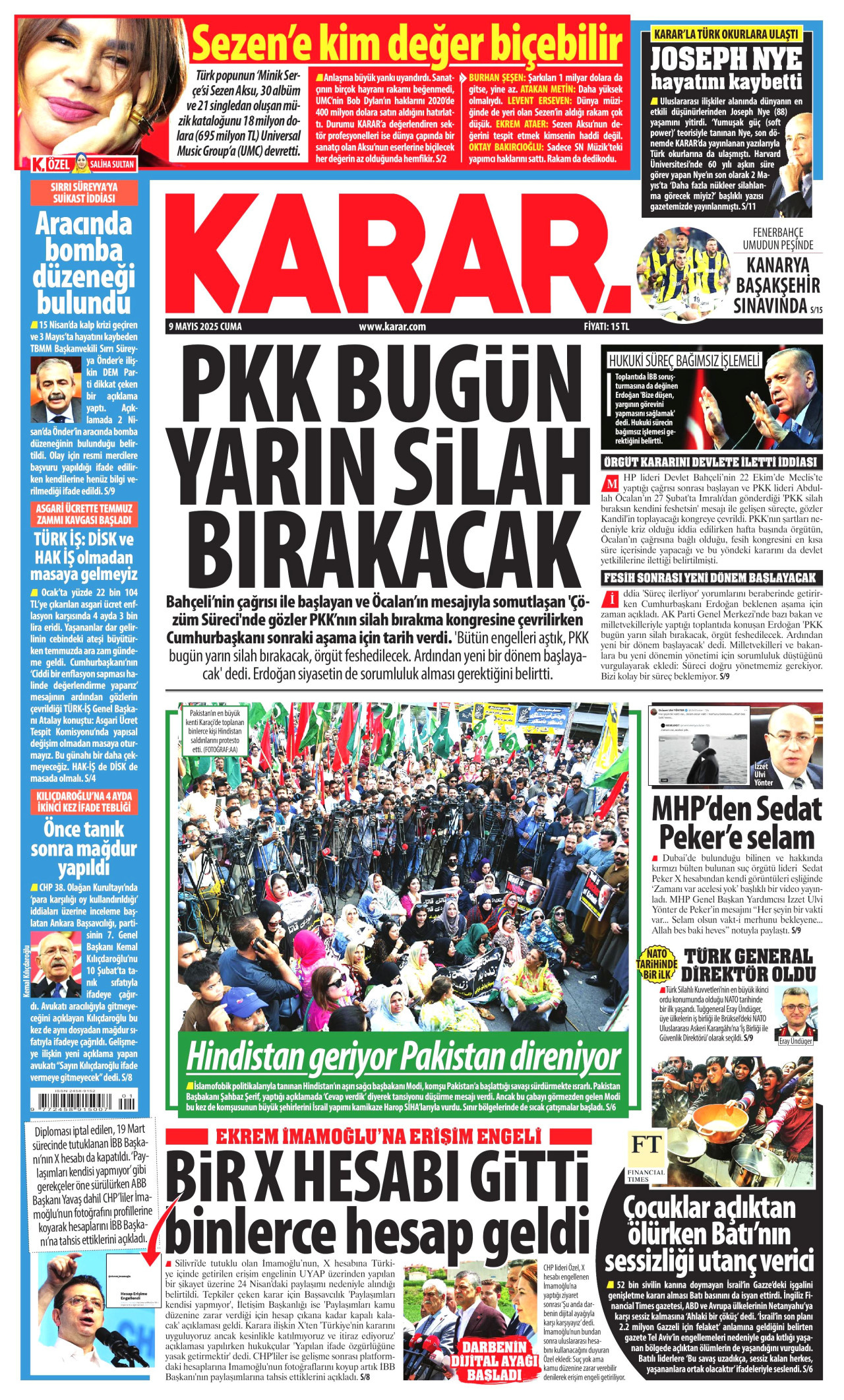 KARAR gazetesinin 9 Mayıs 2025 tarihli birinci sayfası