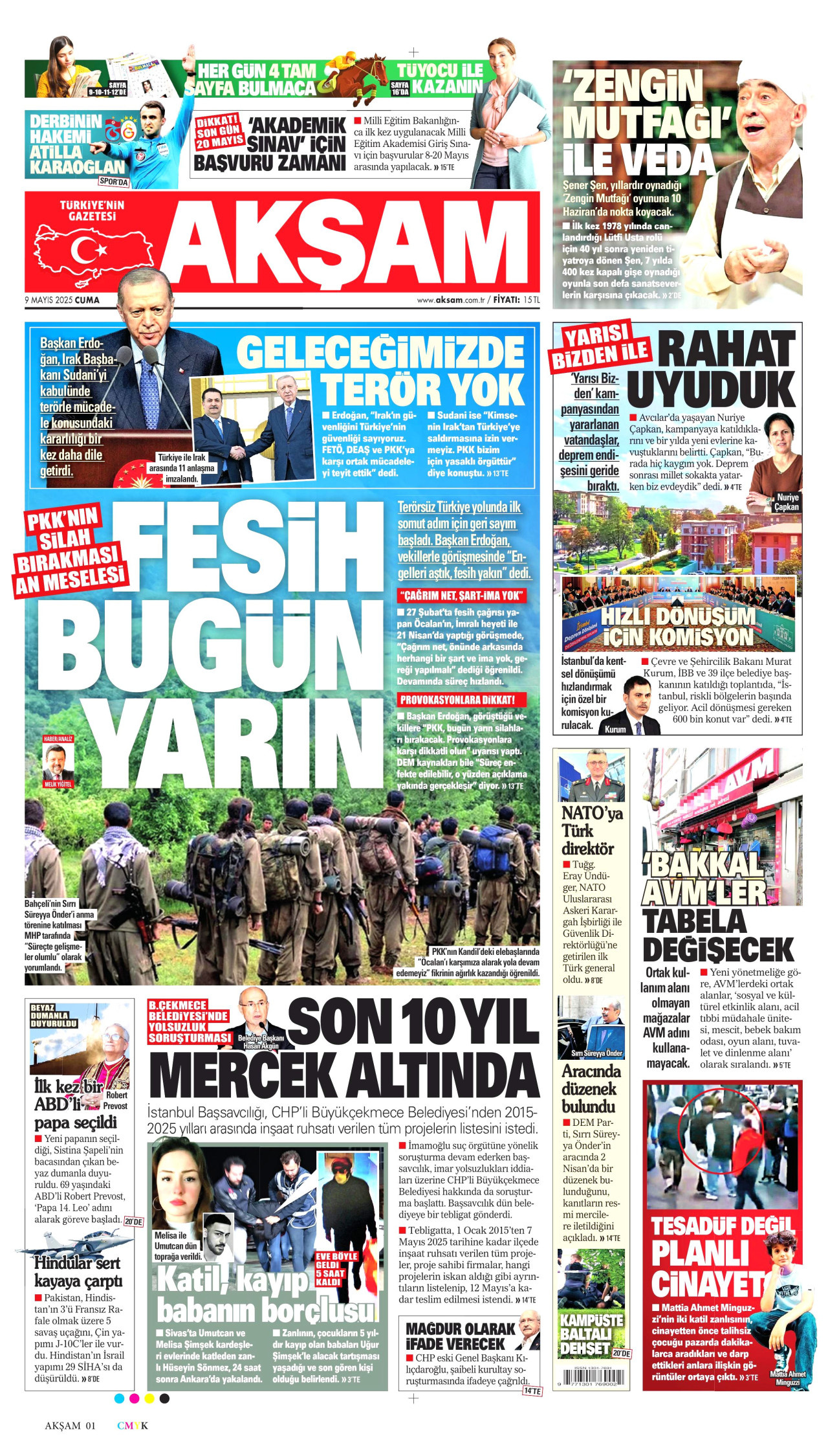 AKŞAM gazetesinin 9 Mayıs 2025 tarihli birinci sayfası