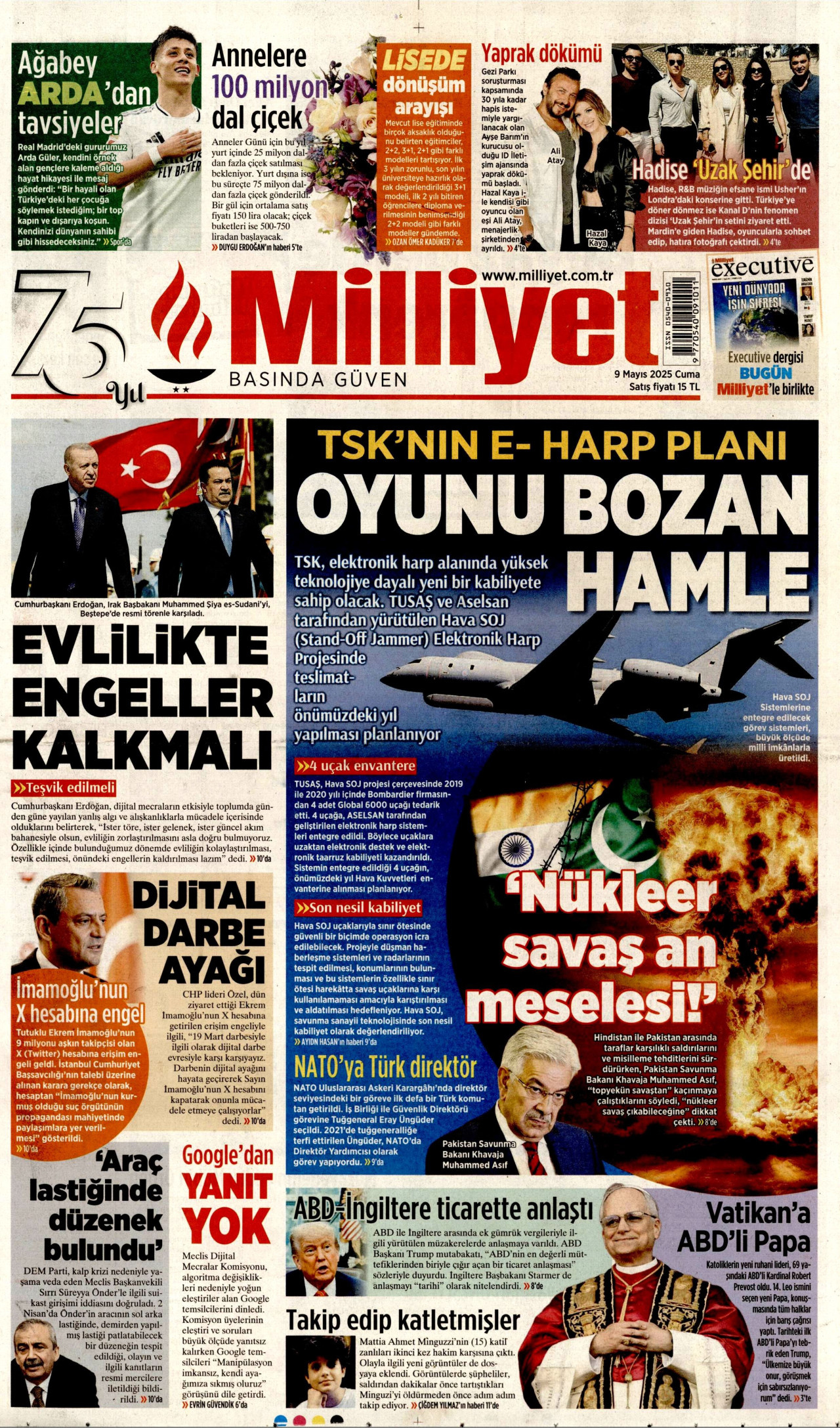MİLLİYET gazetesinin 9 Mayıs 2025 tarihli birinci sayfası