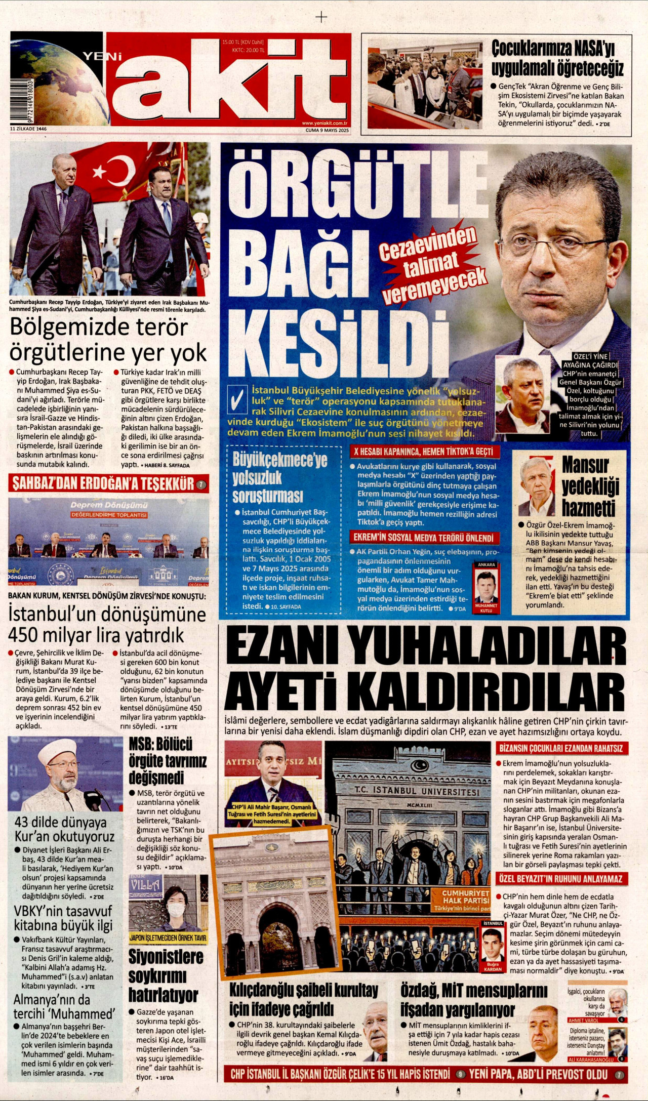 YENİ AKİT gazetesinin 9 Mayıs 2025 tarihli birinci sayfası