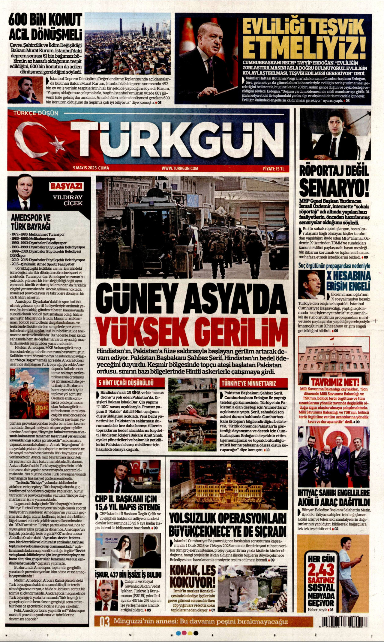 TÜRKGÜN gazetesinin 9 Mayıs 2025 tarihli birinci sayfası