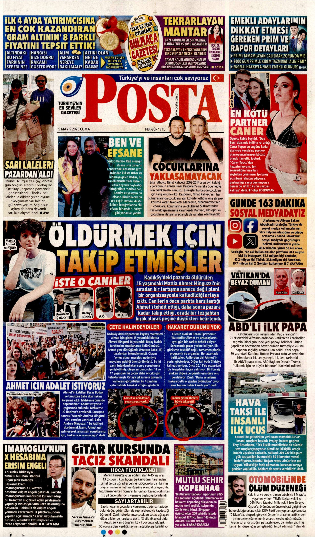 POSTA gazetesinin 9 Mayıs 2025 tarihli birinci sayfası