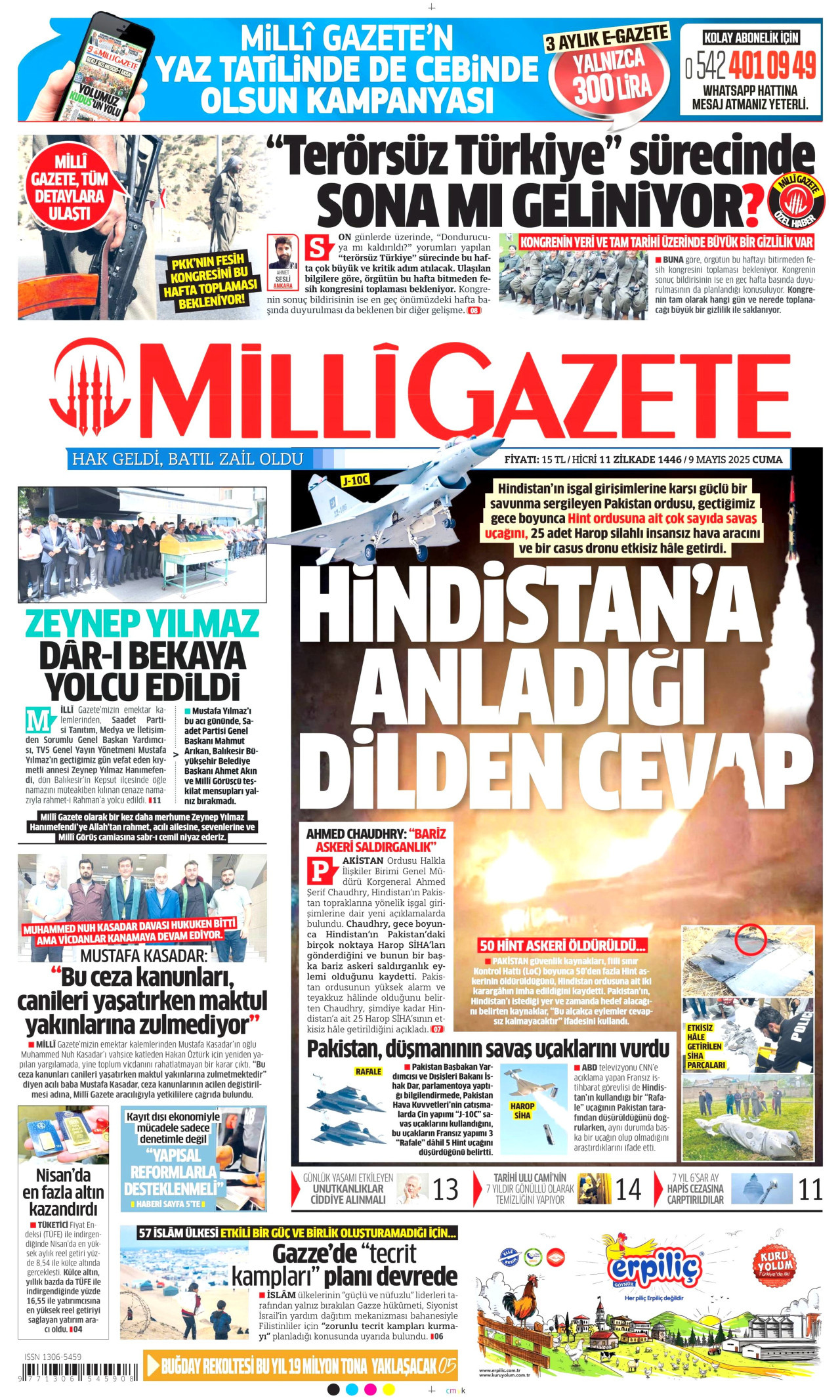 MİLLİ GAZETE gazetesinin 9 Mayıs 2025 tarihli birinci sayfası