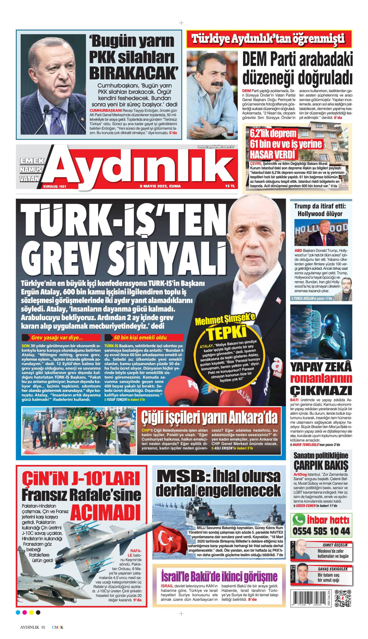 AYDINLIK GAZETESİ gazetesinin 9 Mayıs 2025 tarihli birinci sayfası