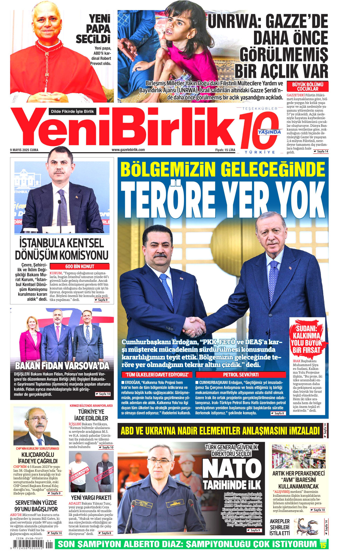 YENİBİRLİK gazetesinin 9 Mayıs 2025 tarihli birinci sayfası