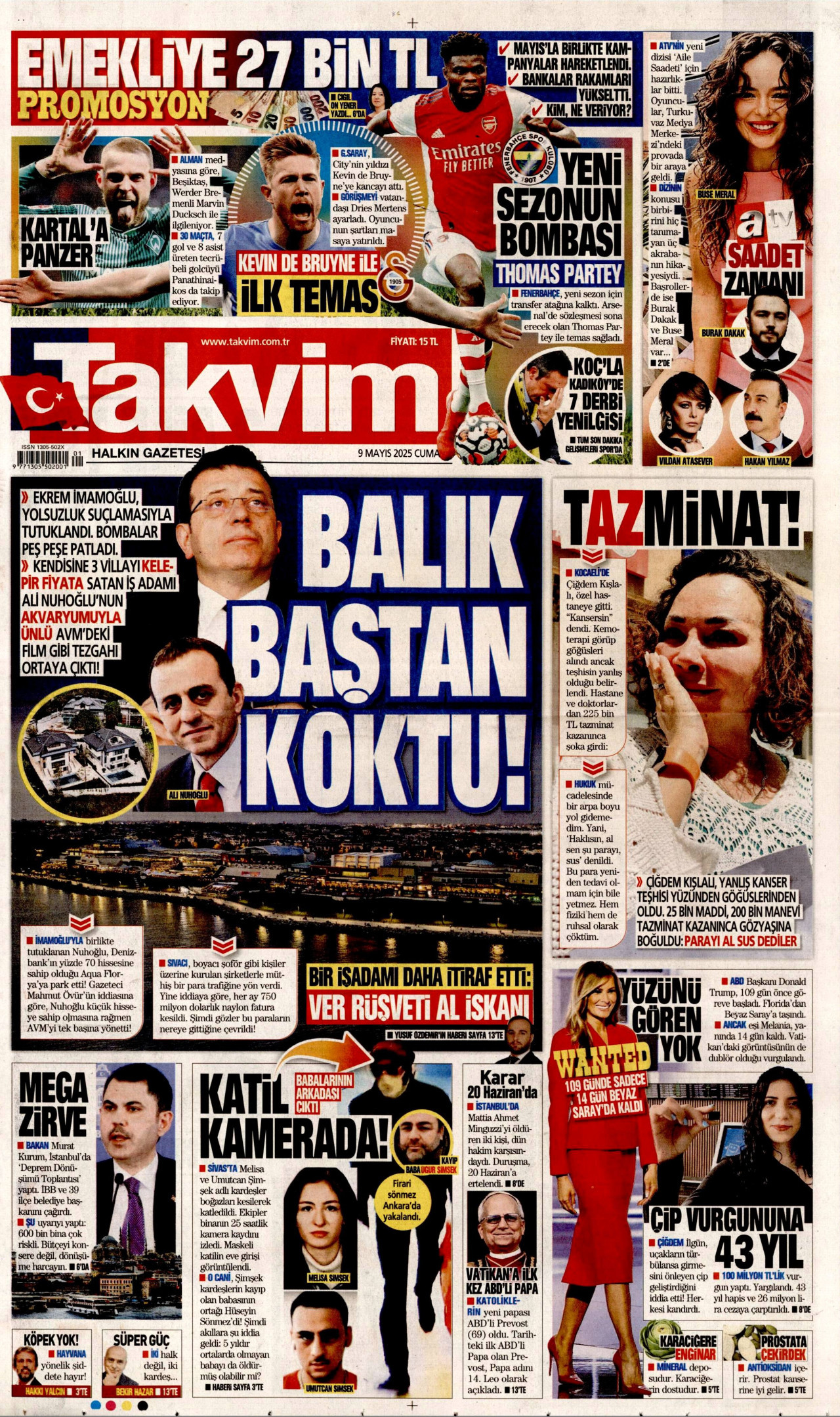 TAKVİM gazetesinin 9 Mayıs 2025 tarihli birinci sayfası