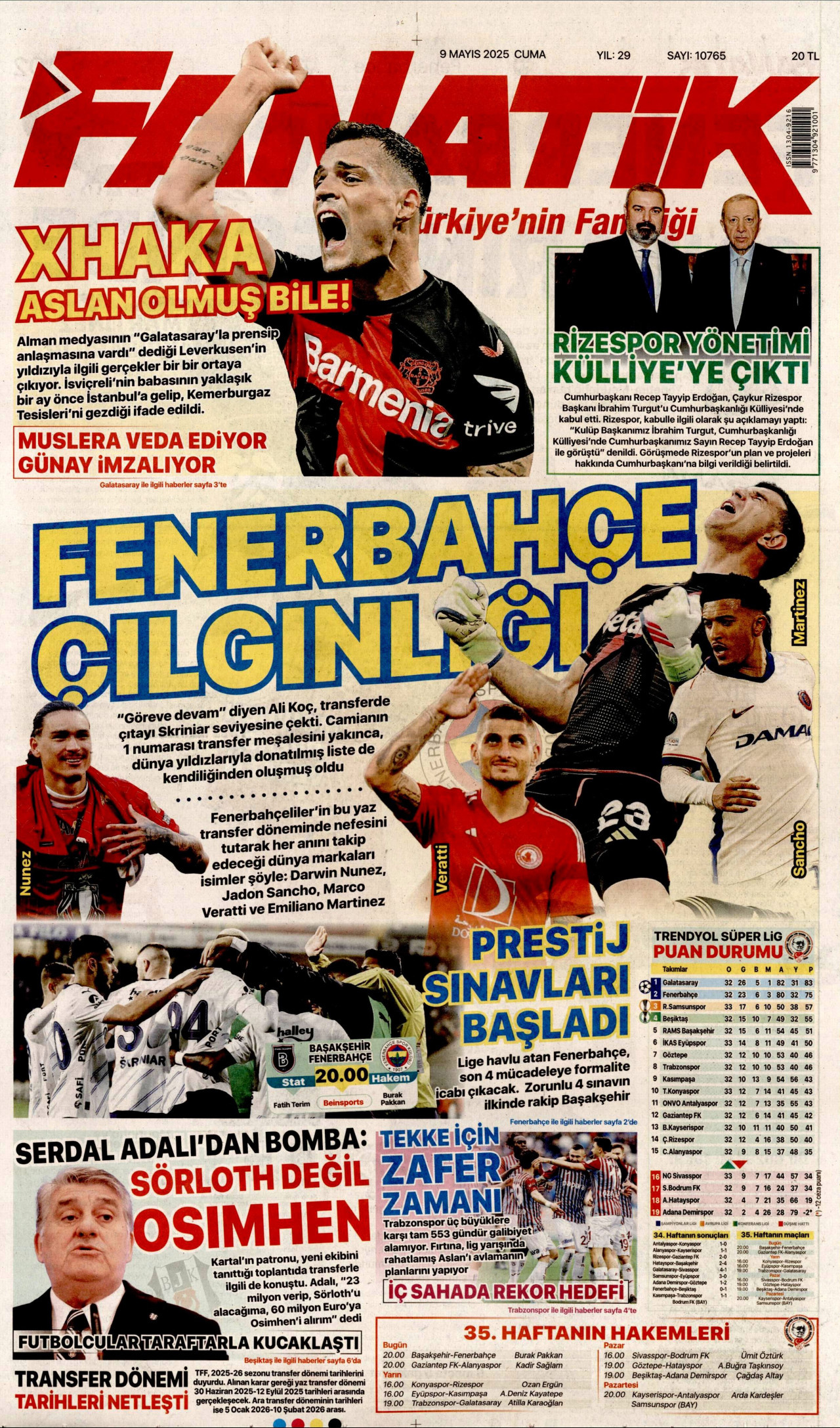 FANATİK gazetesinin 9 Mayıs 2025 tarihli birinci sayfası