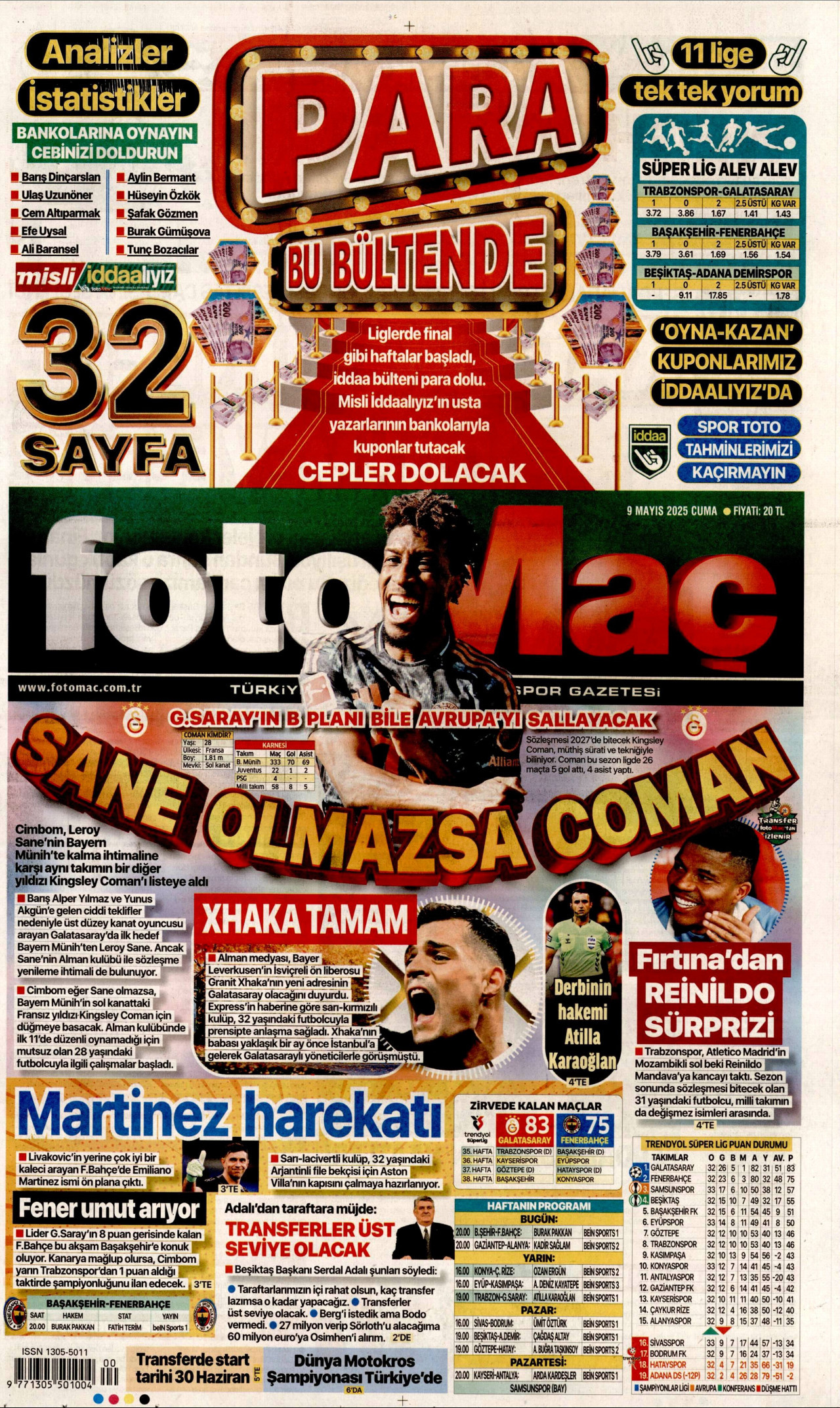 FOTOMAÇ gazetesinin 9 Mayıs 2025 tarihli birinci sayfası