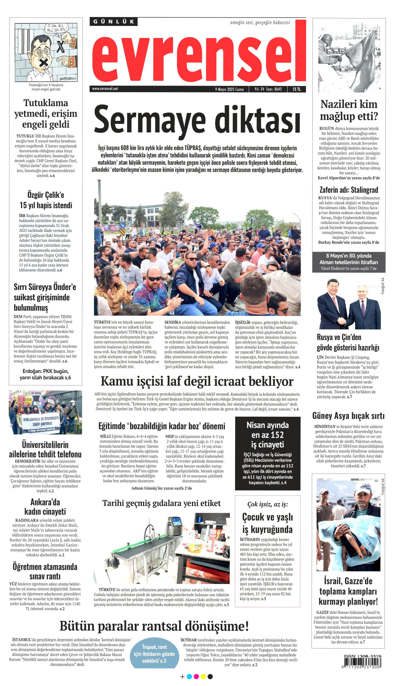 EVRENSEL gazetesinin 9 Mayıs 2025 tarihli birinci sayfası