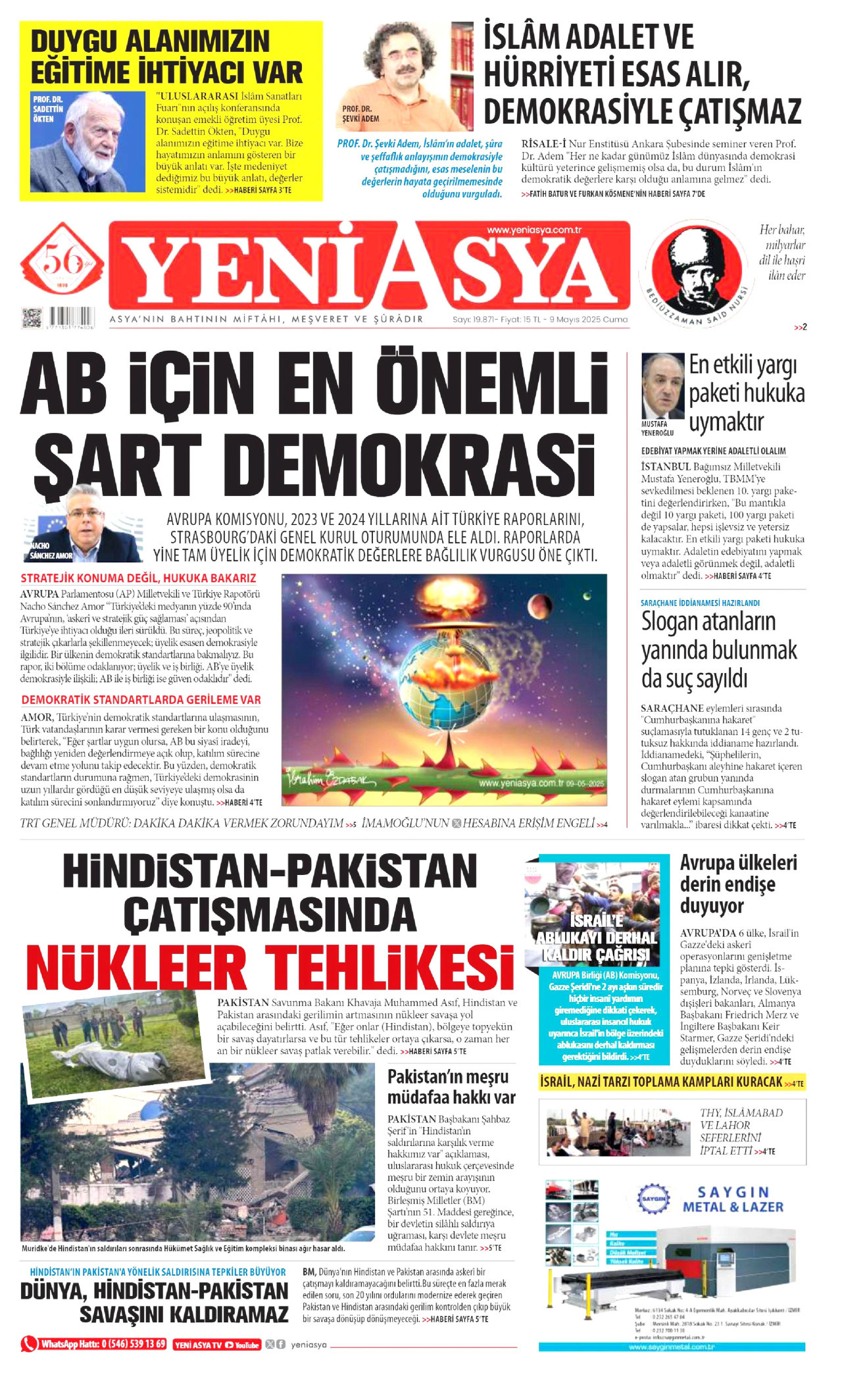 YENİ ASYA gazetesinin 9 Mayıs 2025 tarihli birinci sayfası