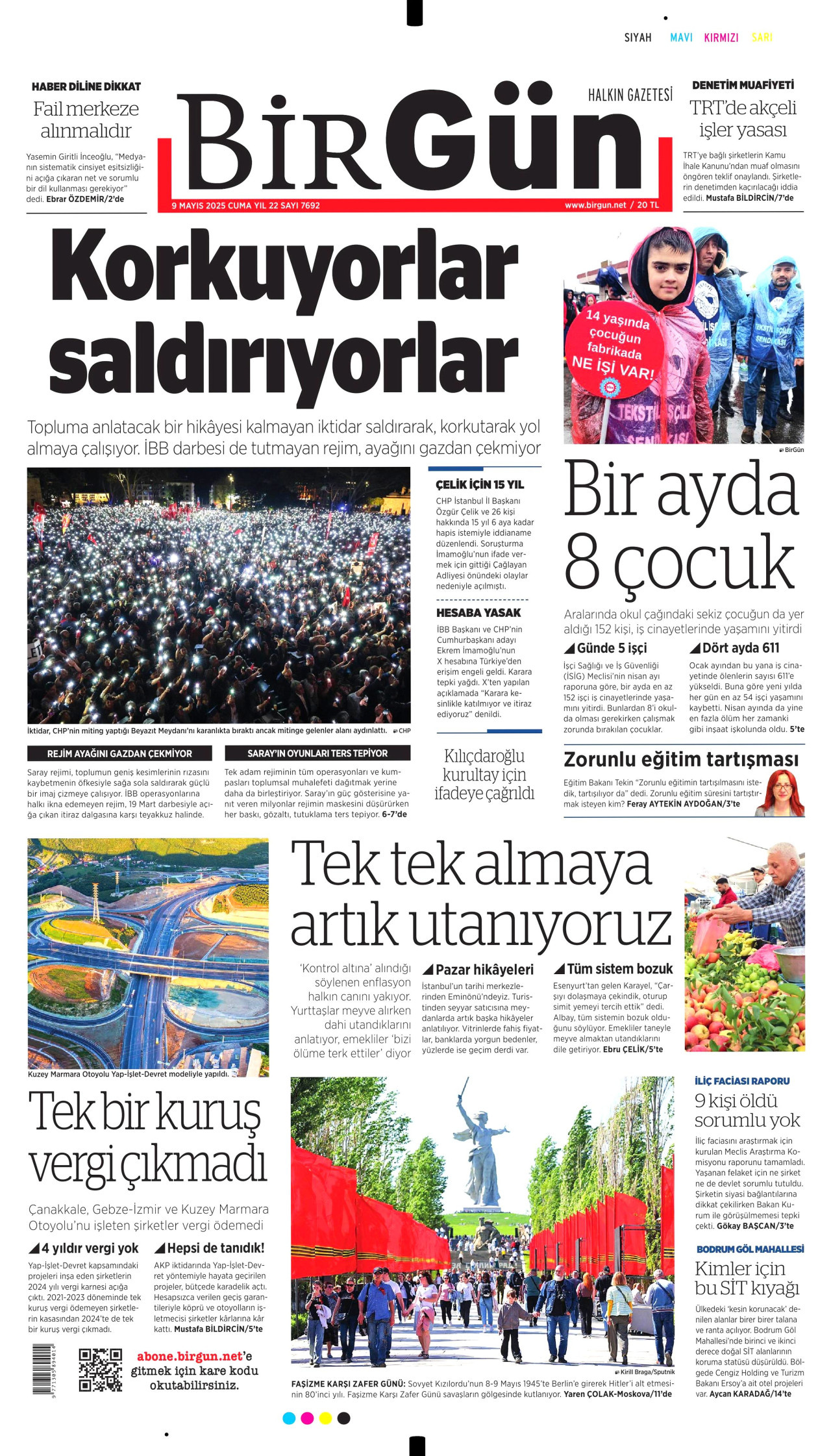 BİRGÜN gazetesinin 9 Mayıs 2025 tarihli birinci sayfası
