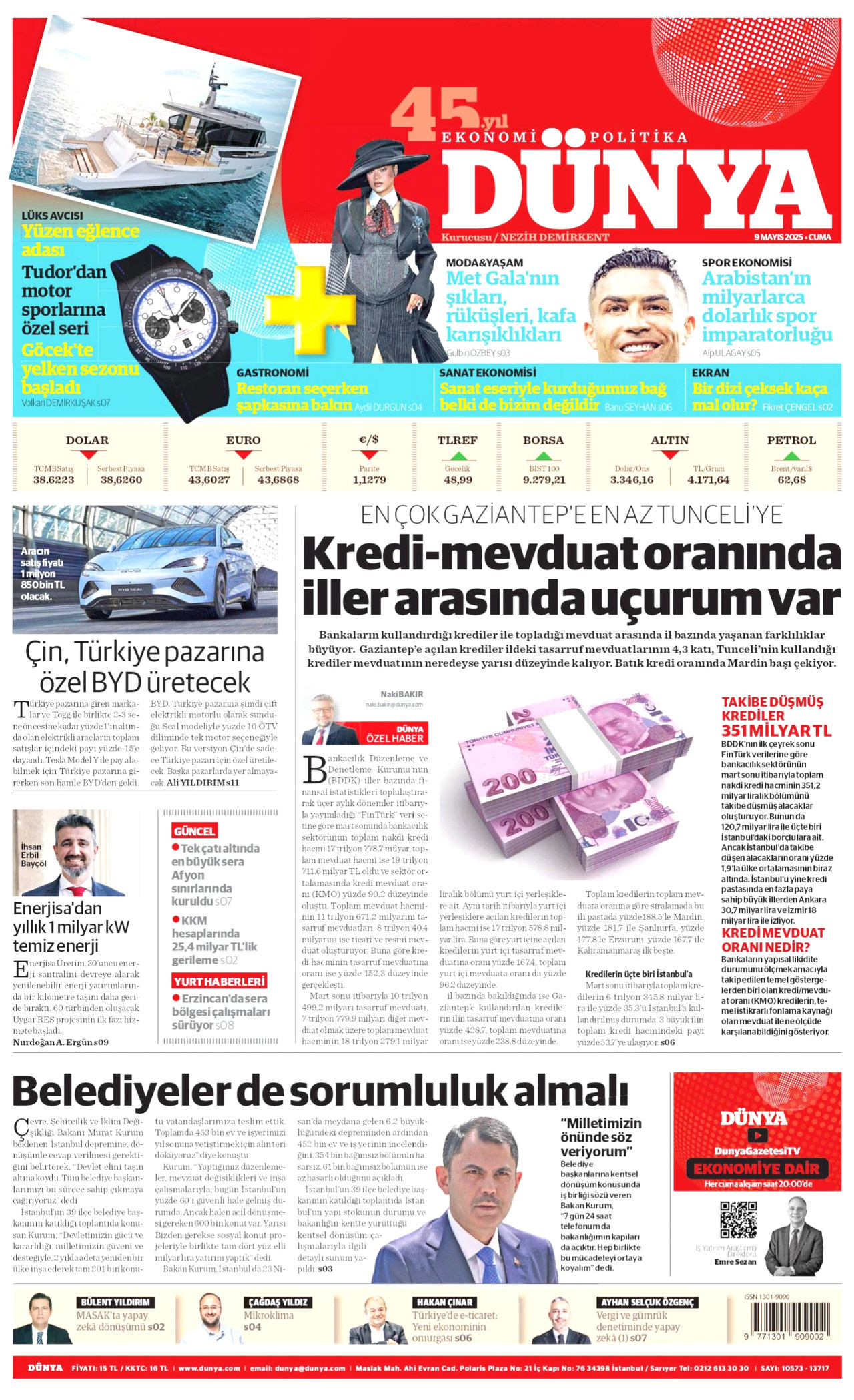 DÜNYA gazetesinin 9 Mayıs 2025 tarihli birinci sayfası
