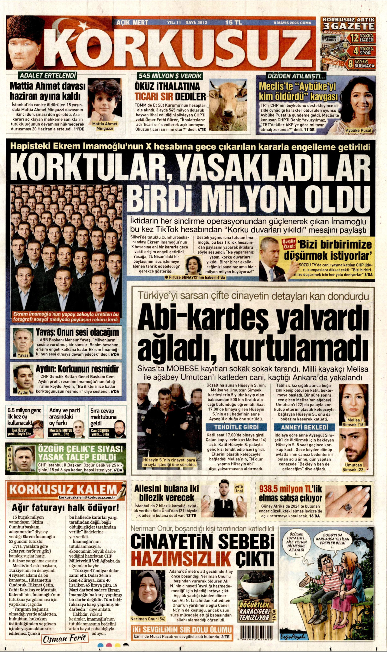 KORKUSUZ gazetesinin 9 Mayıs 2025 tarihli birinci sayfası