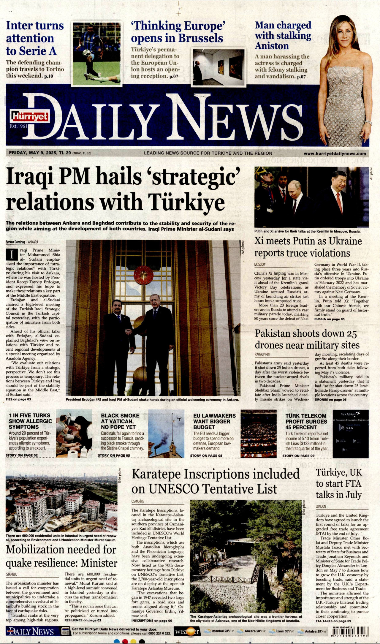 HÜRRİYET DAİLY NEWS gazetesinin 9 Mayıs 2025 tarihli birinci sayfası