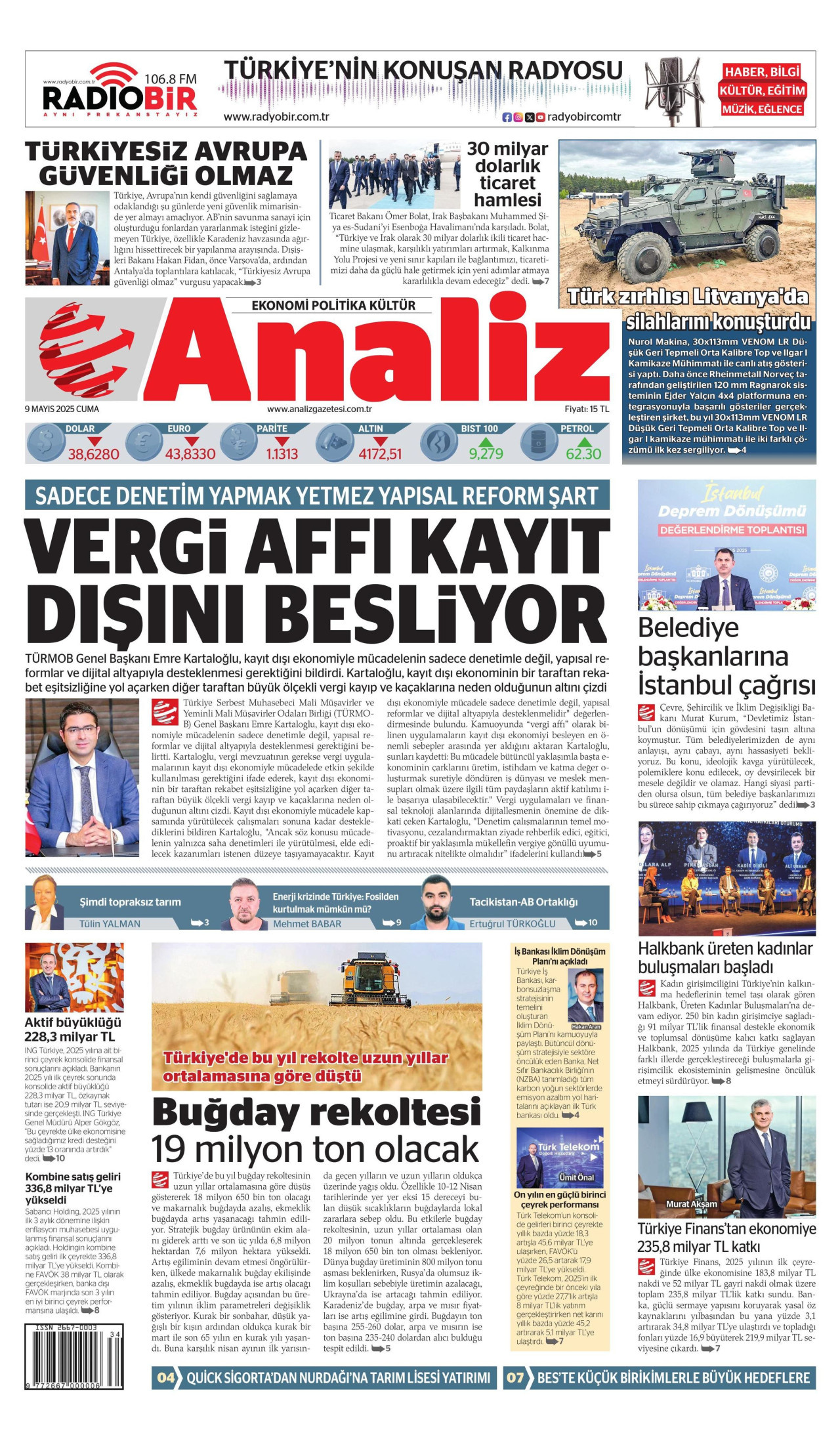 ANALİZ gazetesinin 9 Mayıs 2025 tarihli birinci sayfası