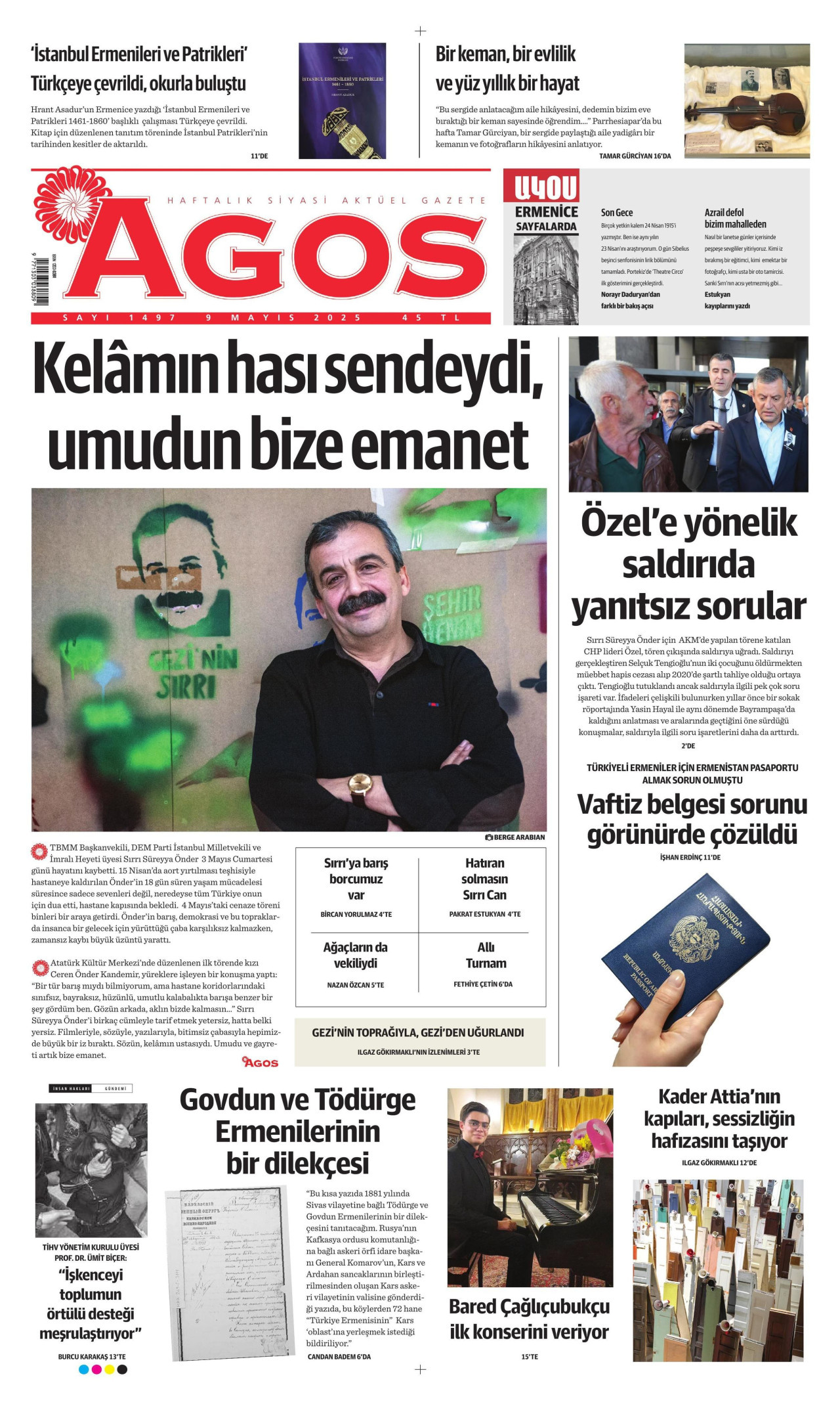 AGOS gazetesinin 9 Mayıs 2025 tarihli birinci sayfası
