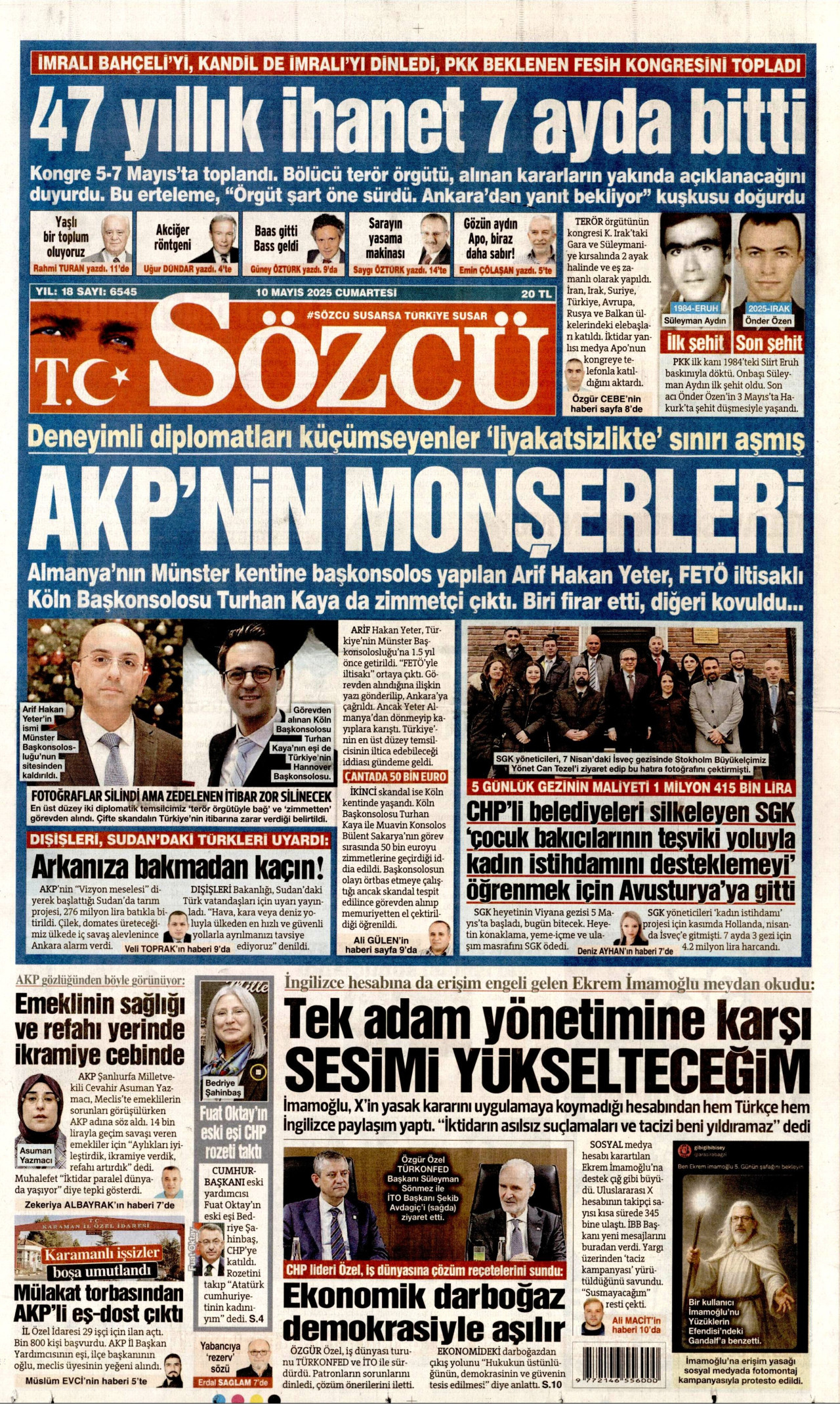 SÖZCÜ gazetesinin 10 Mayıs 2025 tarihli birinci sayfası