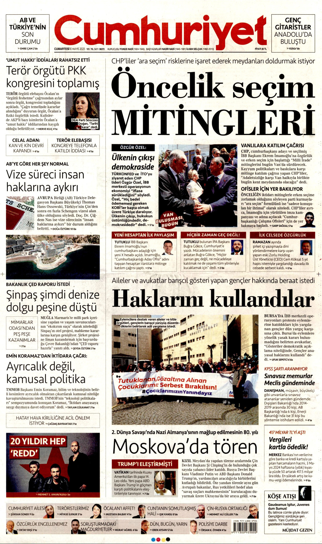 CUMHURİYET gazetesinin 10 Mayıs 2025 tarihli birinci sayfası