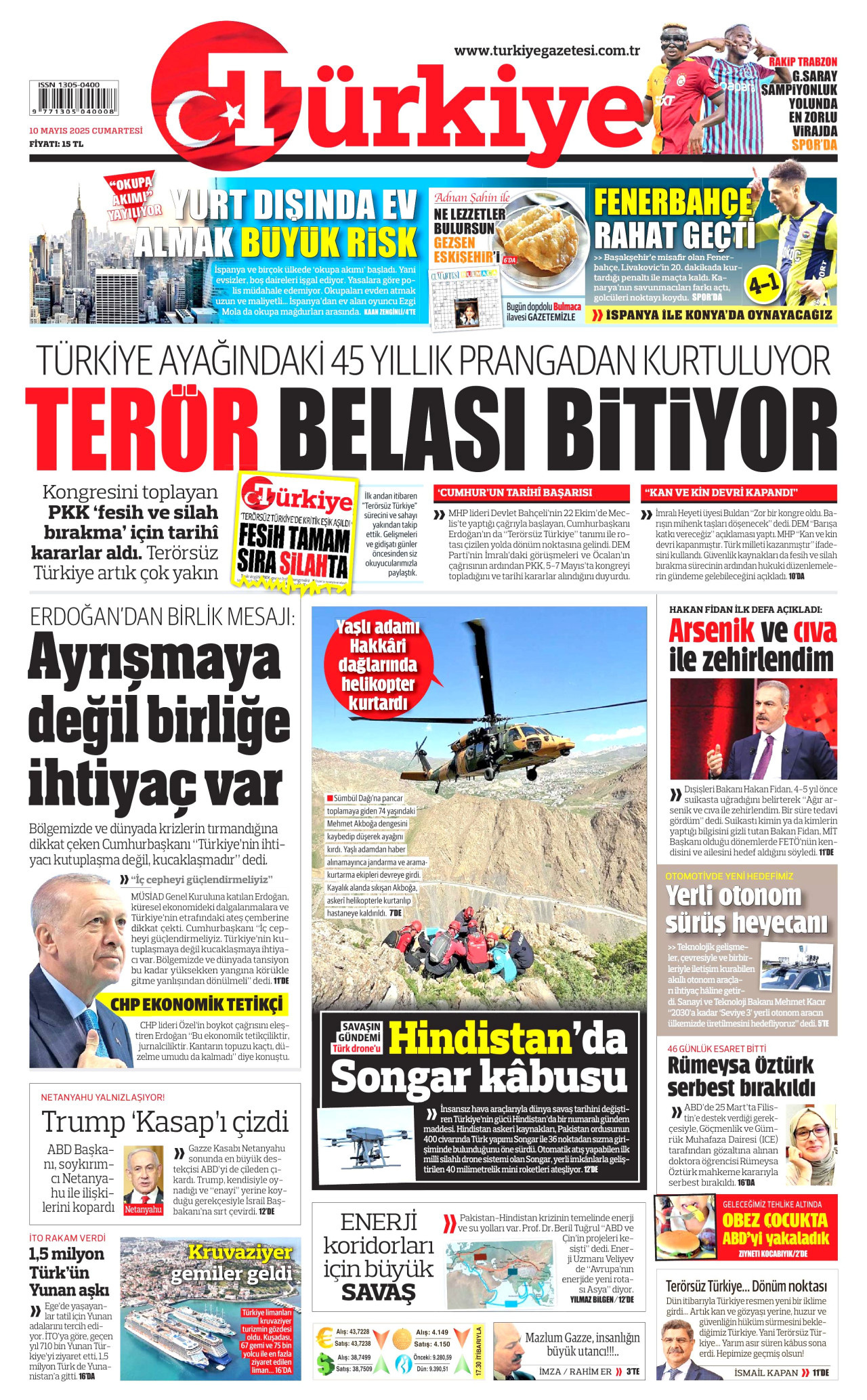 TÜRKİYE GAZETESİ gazetesinin 10 Mayıs 2025 tarihli birinci sayfası